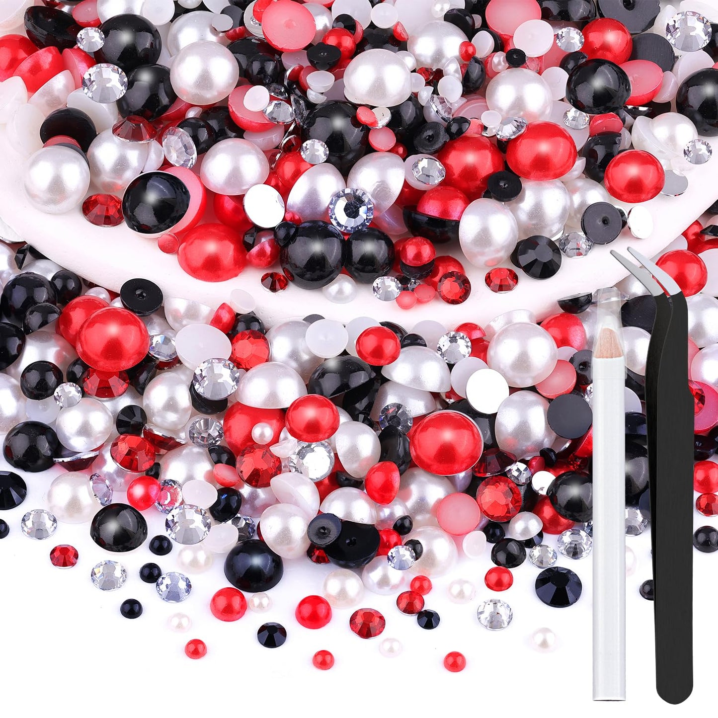 80g Flatback Pearls and Rhinestones for Crafting, Red White Black Mixed Size 3-10mm Resin Rhinestones and Half Pearls for Bedazzling, Nail Art and Decoration with Tweezer and Pickup Pencil