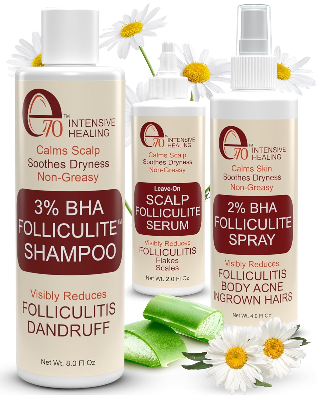 Folliculitis 3-Piece Set - Folliculitis Shampoo, Dry Scalp Serum & Body Spray with Salicylic Acid, Tea Tree Oil & Peppermint Oil - Soothes Itchy Scalp, Razor Bumps & Blemishes by e70