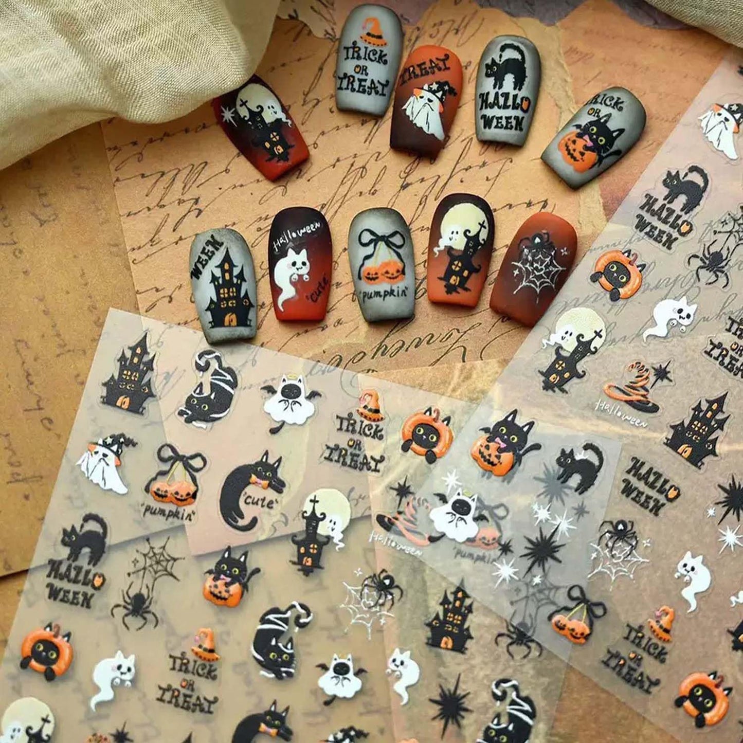 5D Embossed Halloween Nail Stickers for Nail Art Cute Nail Art Decals Self-Adhesive Pumpkin Nail Decals Design Manicure Supplies Black Cat Nails Decoration Accessories for Women Girls