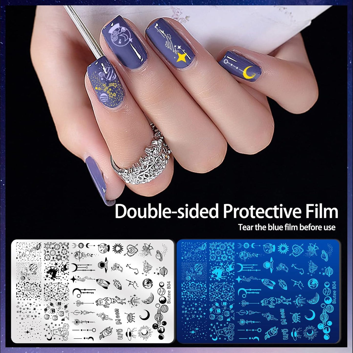 Biutee Nail Art Stamping Plate Nail Stamper Kit with Stamper & Scraper, Large Nail Stamp Plate French Line Lace Flower Leaves Animal Star Space Design DIY Nail Stamping Kit