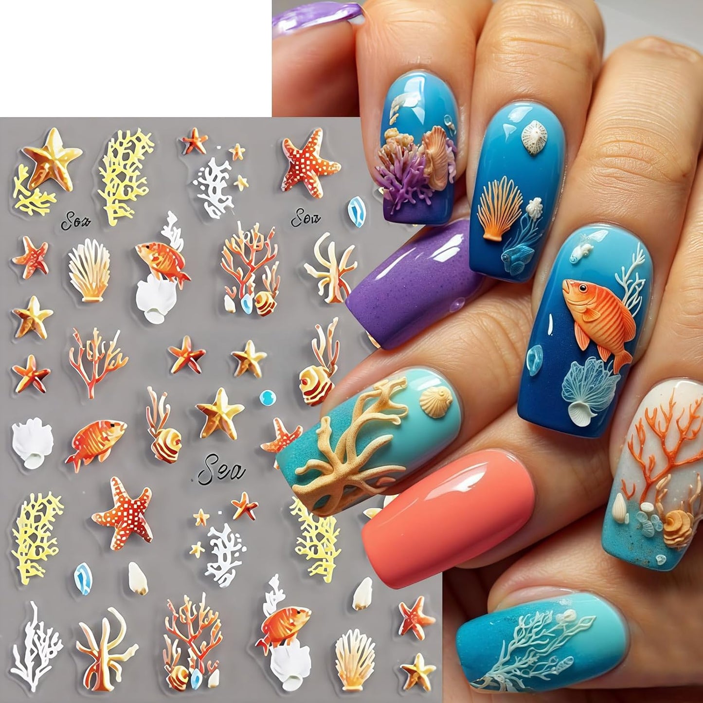2Sheets Ocean Life 5D Embossed Nail Art Stickers Decals Dolphin Conch Seashell Nail Stickers Self-Adhesive Flowers Turtles Corals Nail Designs Sea Creature Nails Supplies for Women Nails Decoration
