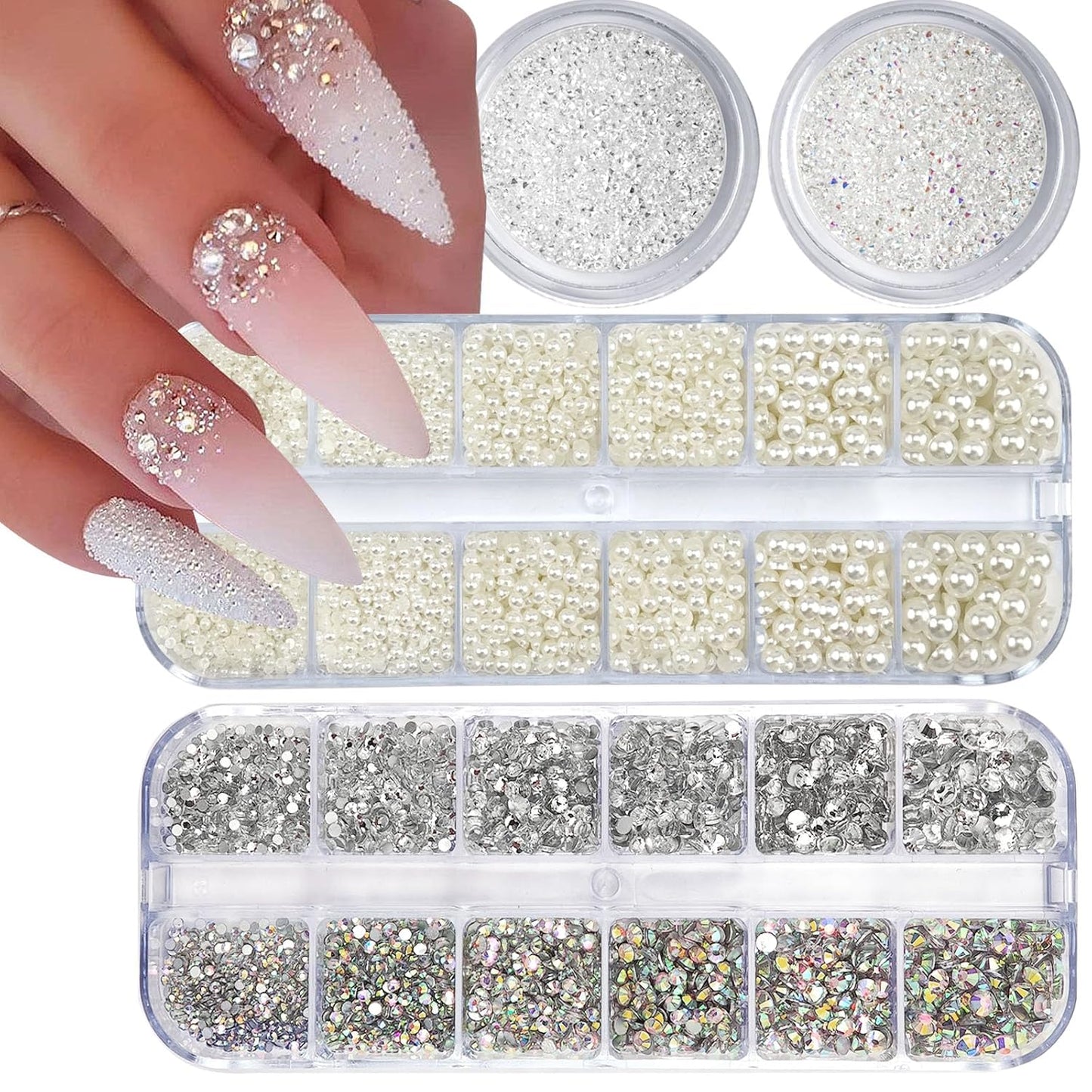 4 Boxes Flatback Rhinestones and Pearls Nail Charms for Acrylics - Crystals, Half Rounds, and Accessories for DIY Nail Art Decor