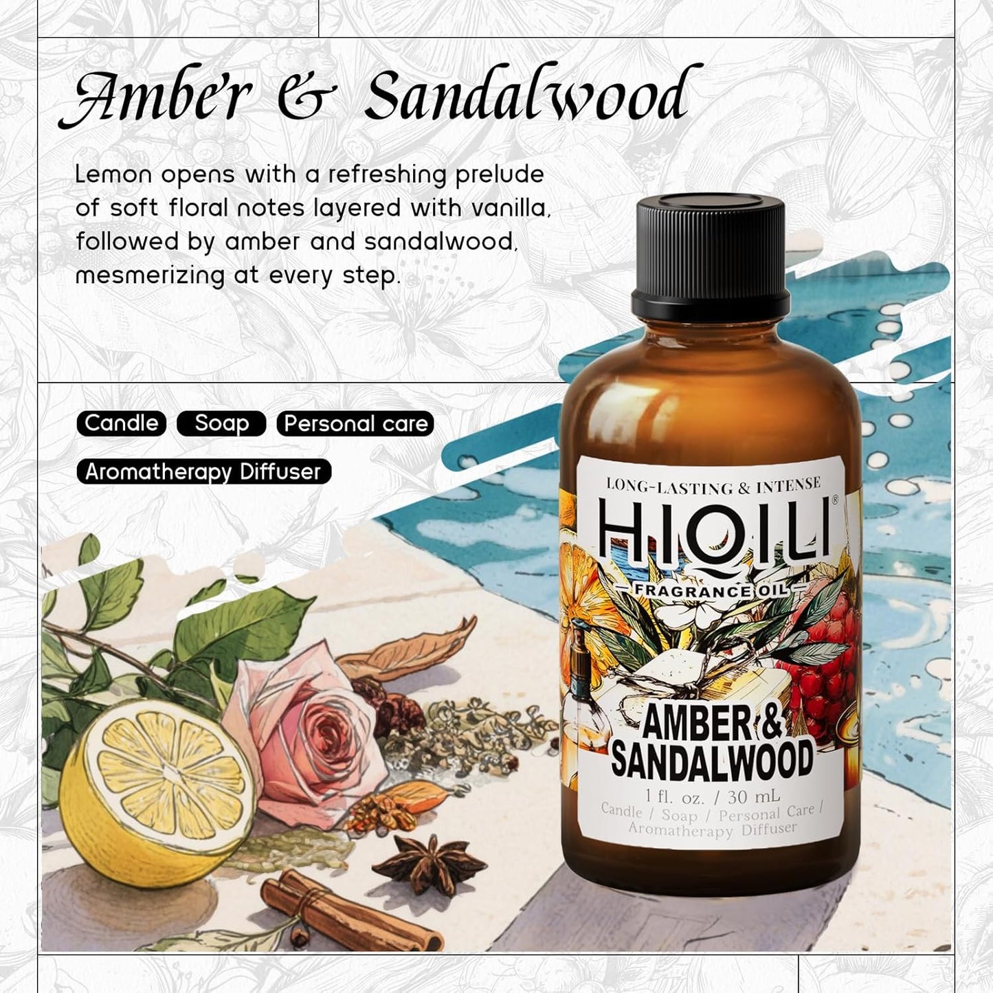 HIQILI Amber & Sandalwood Fragrance Oil for Diffuser, DIY Candle & Soap Making, Add to Body Lotion, Long-Lasting Scents - 1 Fl Oz