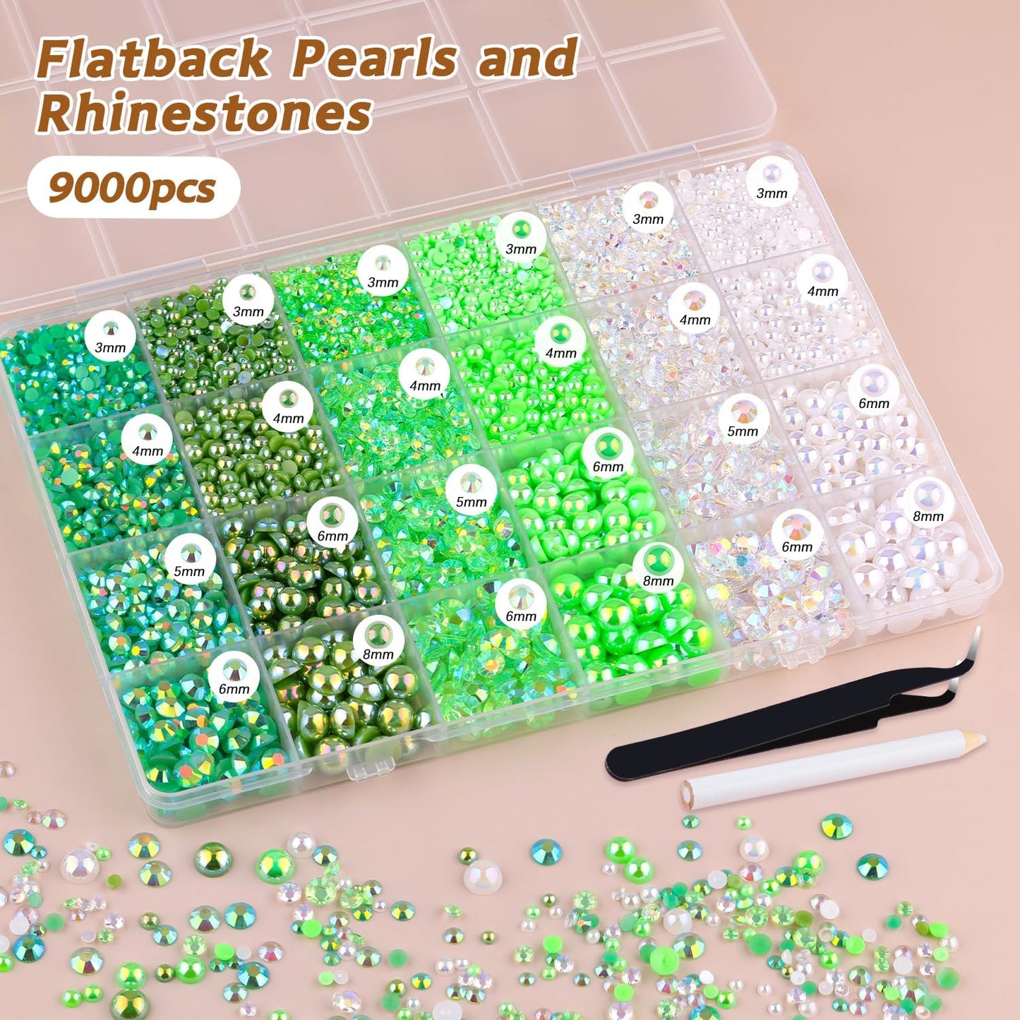 9000PCS Flatback Pearls and Rhinestones for Crafting, Green Mixed Size 3-10mm Resin Rhinestones and Half Pearls for Bedazzling, Nail Art and Decoration with Tweezer and Pickup Pencil
