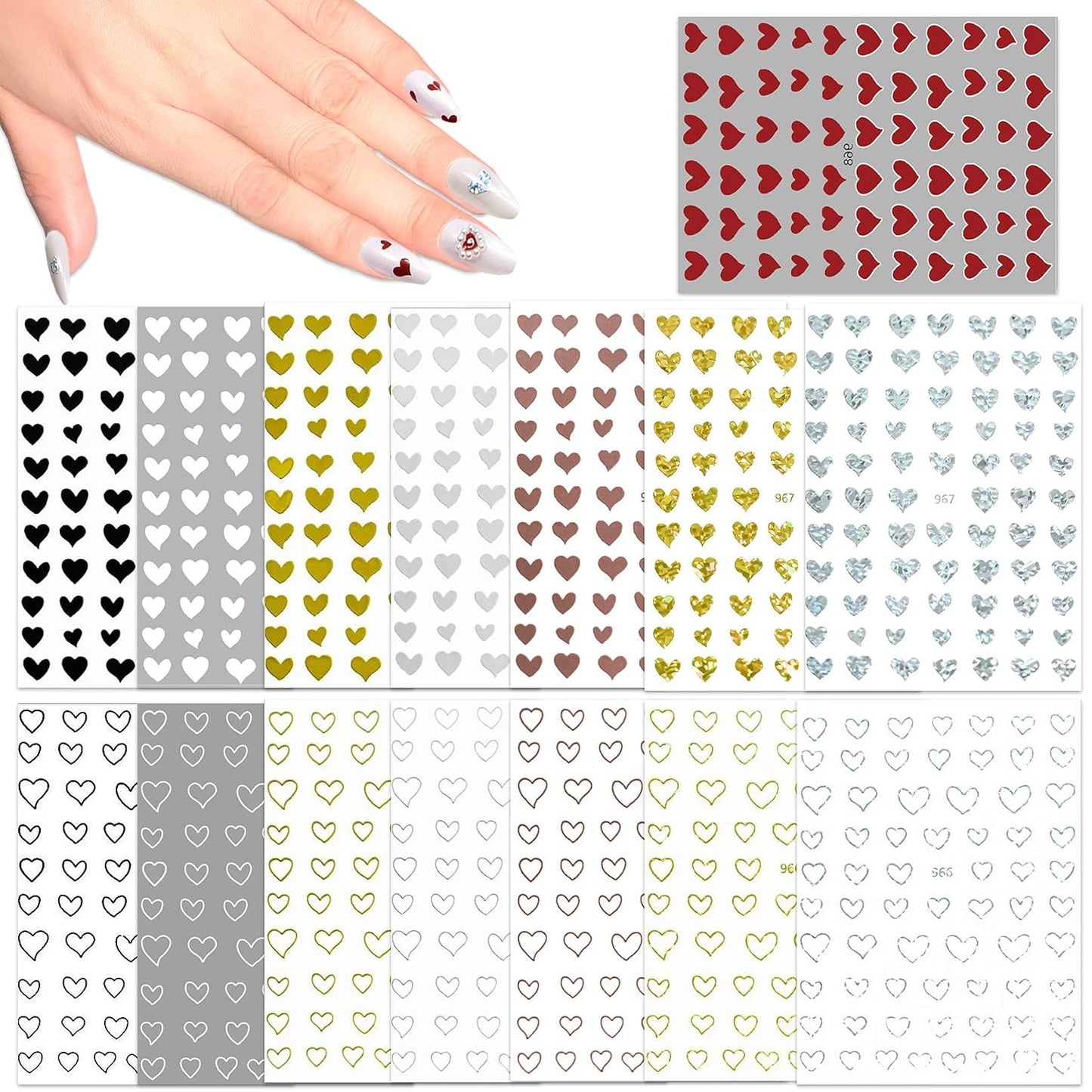 15 Large Sheets Hearts Nail Stickers for Women Girls Kids - 3D Self Adhesive Heart Nail Decals for Natural Fingernails and Acrylic Nails Heart Nail Decor for Nail Art Design DIY Nail Decoration