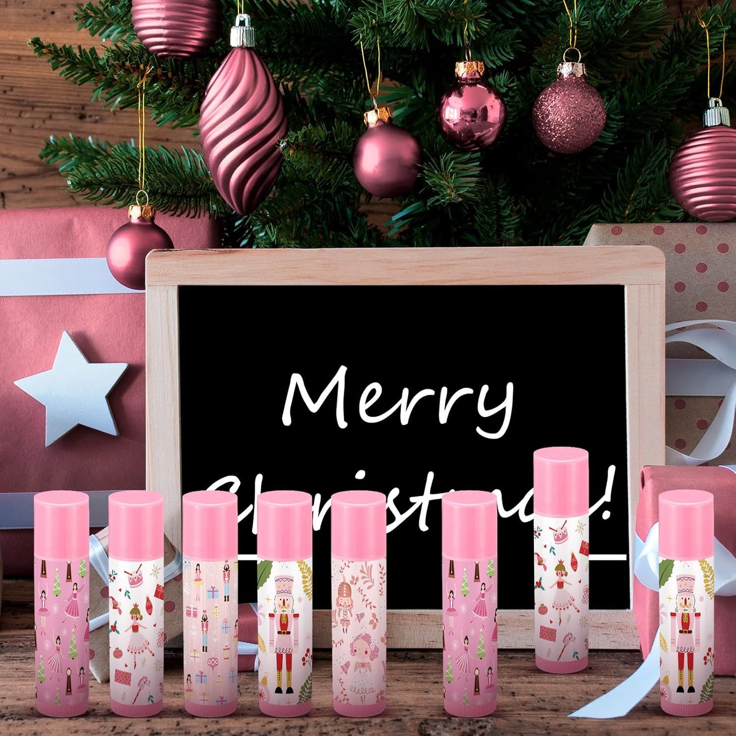 Dunzy 50 Pcs Christmas Lip Balm Gifts Bulk Pink Christmas Nutcracker Themed Lip Balm Xmas Lip Moisturize for Lip Care Xmas Holiday Party Stocking Stuffers, 5 Flavors
