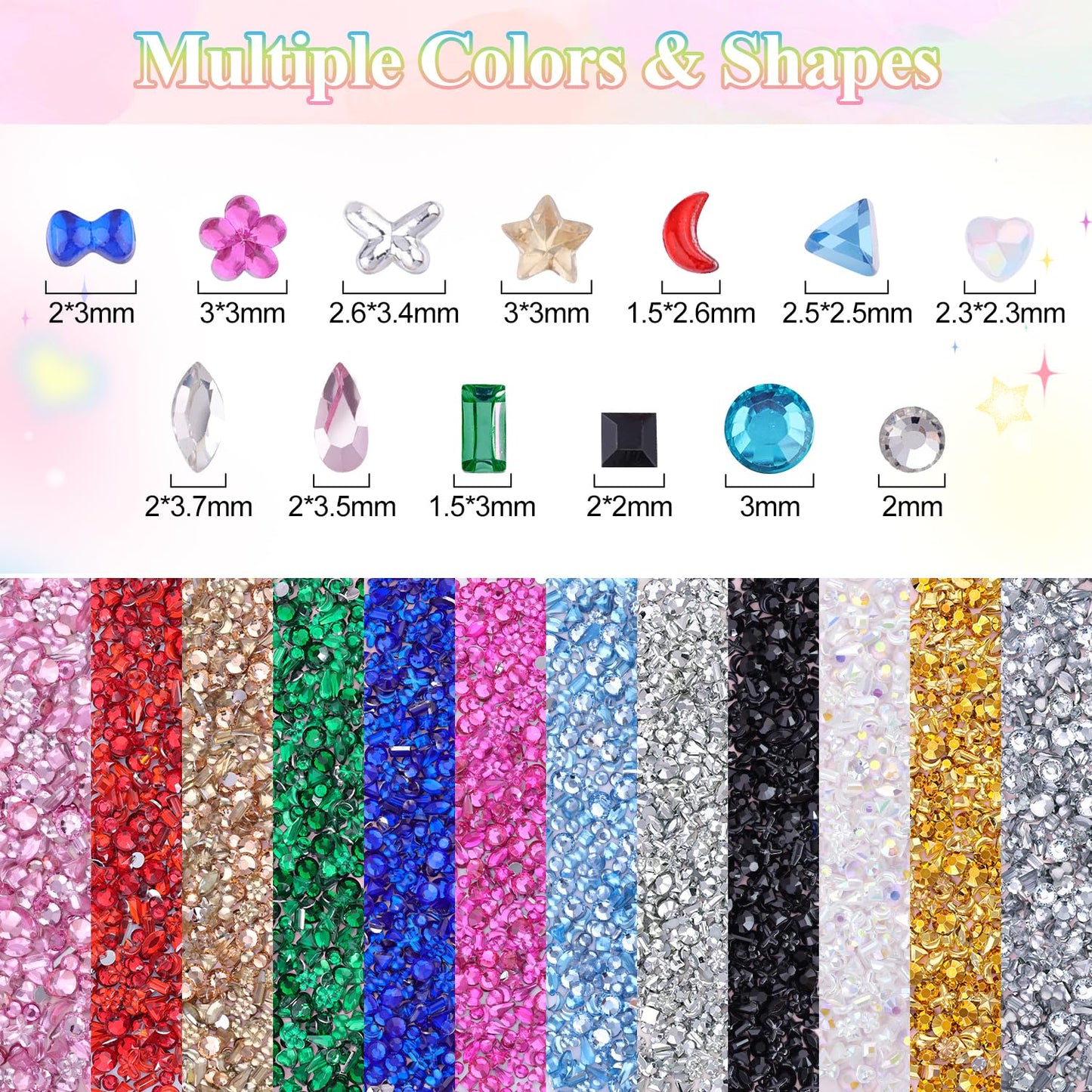 6360 PCS 2-3 MM Muliti Shape Colorful Rhinestones for Nail Art, 3D Resin Flatback Bedazzling Gems Mini Flower Bow Heart Star Butterfly, Gems Kit with Tweezers, Pickup Pencil and 15ML Nail Glue