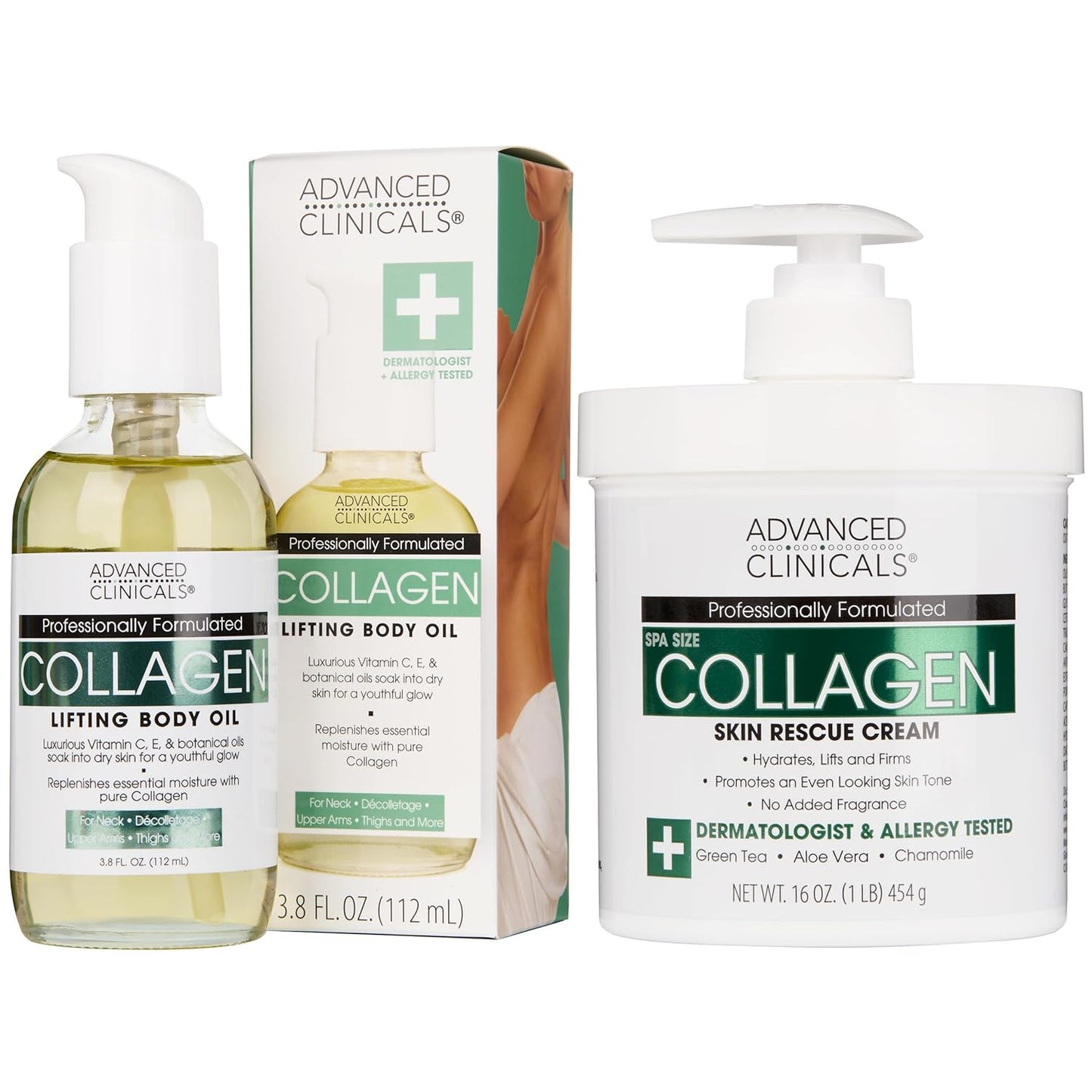Advanced Clinicals Unscented Collagen Cream Face Moisturizer & Body Lotion + Collagen Body Oil Skincare 2pc Set For Women & Men Helps Reduce Appearance Of Crepey Skin, Wrinkles, & Dry Skin, 2PC Set
