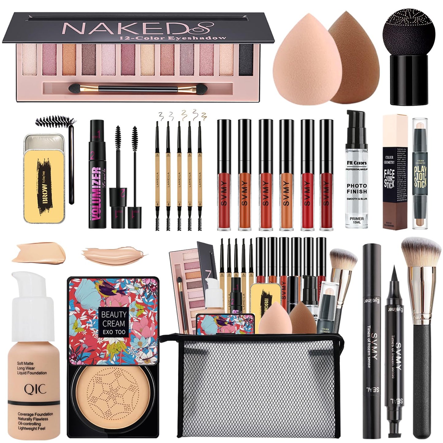 All in One Makeup Kit,Includes Naked Eyeshadow,CC Cream,Liquid Foundation,Lipstick Set,Mascara,Makeup Brush,Makeup Sponge,Eyebrow Pencil,Eyebrow Soap,Eyeliner Stamp, Primer,Contour Stick,Cosmetic Bag