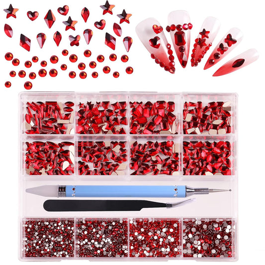 HOINCO 3320Pcs Multi-Shaped Crystal Red Nail Rhinestones & Gems for DIY Nail Art