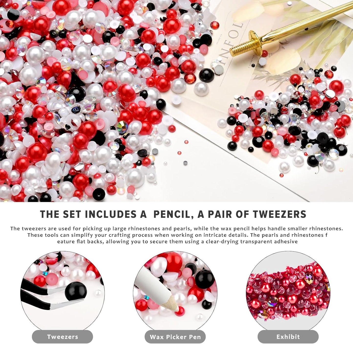 80g Mix Flatback Pearls and Rhinestones for Crafts Red Black and White Mixed Size 2mm-10mm Half Round Pearls Rhinestones for Nail Art Tumblers Shoes DIY Bedazzling with Tweezers Wax Pen