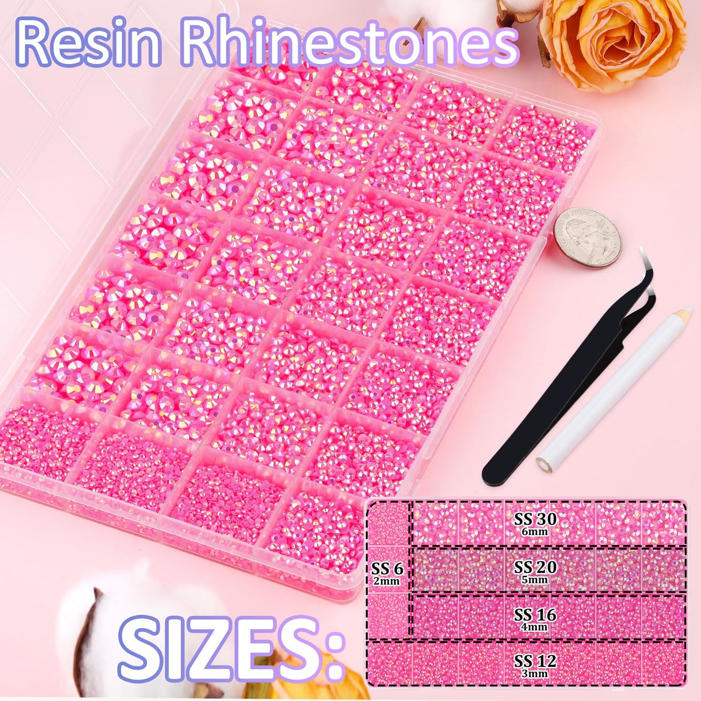 30000Pcs Resin Rhinestones for Bedazzling with Tweezers, Hot Pink AB Rhinestones for Crafting with B7000 Jewelry Glue for DIY Crafts Clothing Tumblers Shoes Fabric Nail Art