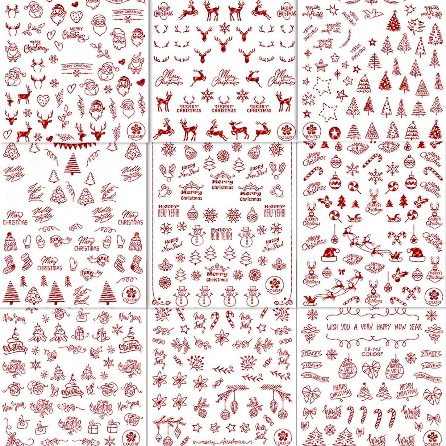 HNUIX Nail Stickers - 3D Christmas, Self Adhesive Nail Decals, Multi Pattern, Red, 9 Sheets, for Nail Art