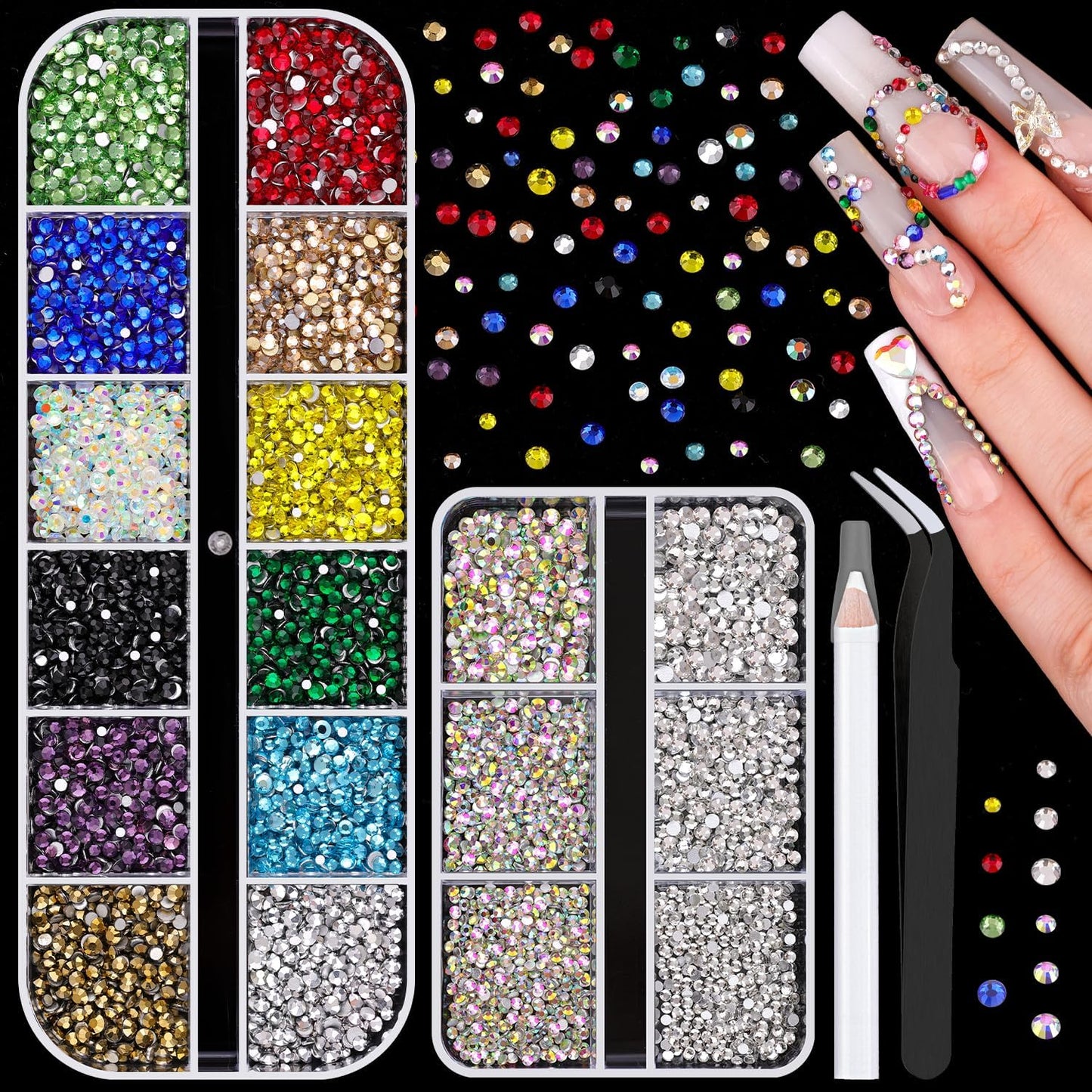 5400Pcs Glass Crystal Small Rhinestones for Nail Art, Tiny AB Clear Colorful Rhinestone Flatback Bedazzling Gems, Nail Rhinestones and Gems Crystals Charms for Acrylic Tips Manicure Decor