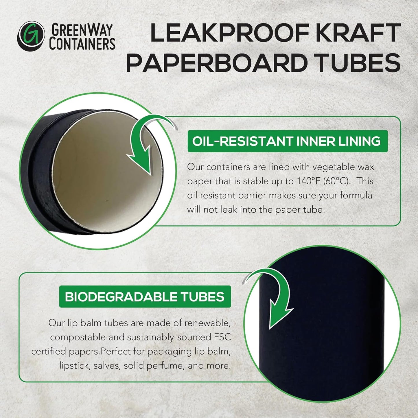 GreenWay 0.15oz / 4.25g Kraft Paperboard Lip Balm Tubes with Lids - 50 Pack Lip Gloss Tubes Refillable DIY Cosmetic Containers – Extra Thick Push-Up Bottom Lip Balm Containers - Brown