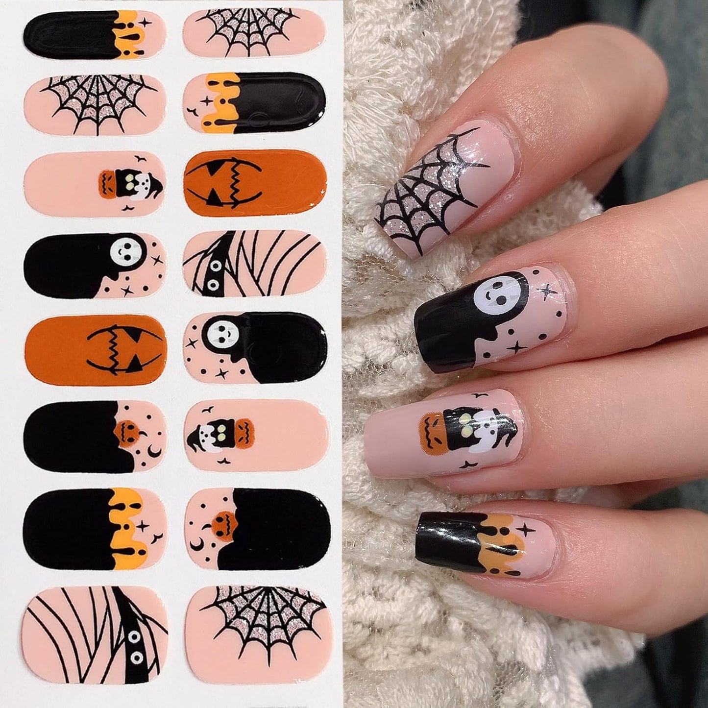 8 Sheets Halloween Nail Wraps Full Stickers Nail Polish Strips, DIY Self-Adhesive Nail Art Decals Pumpkin Bat Ghost Spider Web Skull Pattern with 1 Piece Nail Files for Party Decor (128 Pieces)