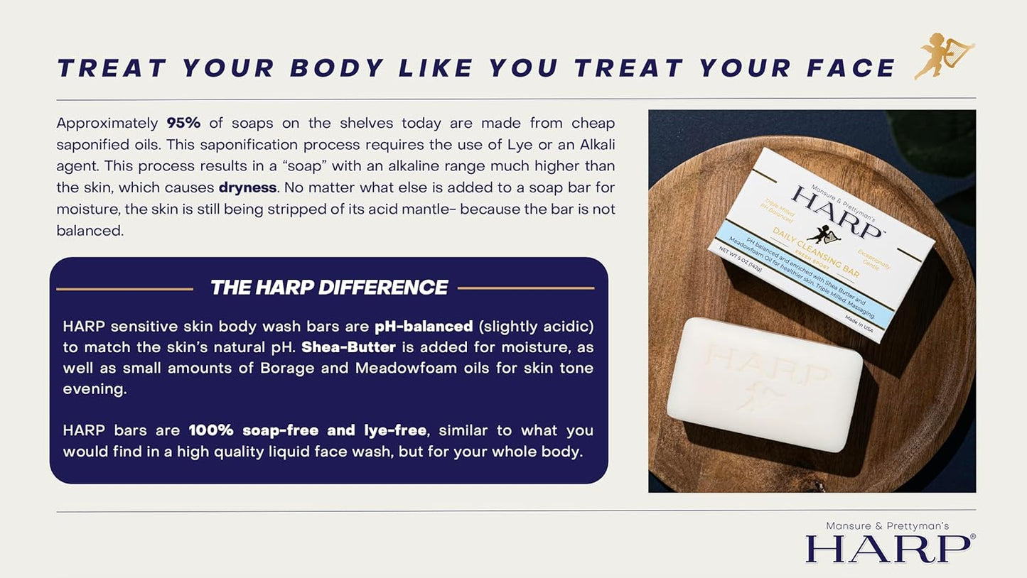 HARP pH-Balanced (5.0-6.0) Body Wash Bar. ZERO saponified oils. Protects Moisture Barrier. Gentle for Sensitive/Dry skin. + Shea Butter/Borage Oil. Non-Comedogenic. VANILLA LAVENDER Fragrance. 5oz