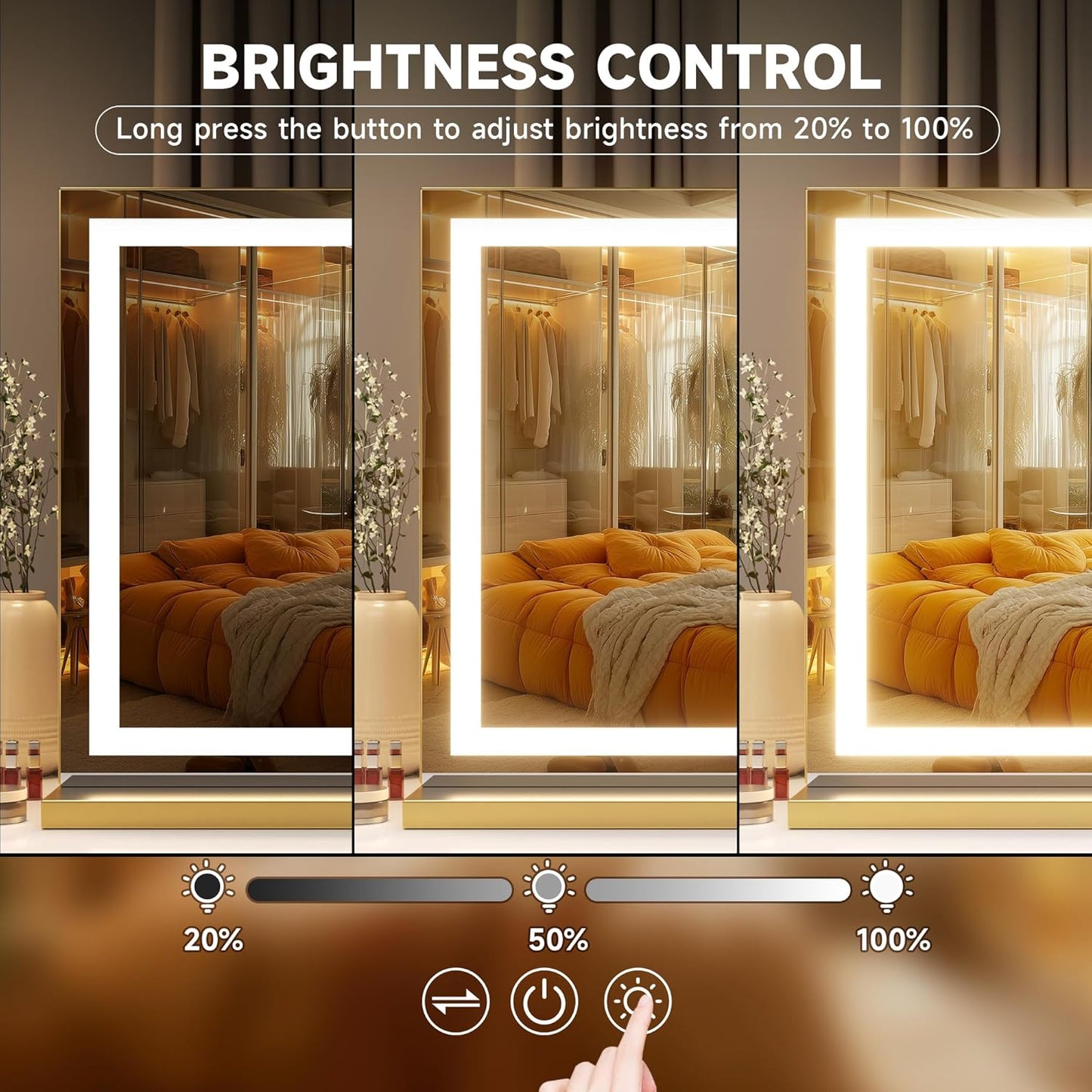 Hasipu Vanity Mirror with Lights, 32" x 20" LED Makeup Mirror, Lighted Makeup Mirror with Dimmable 3 Modes, Touch Screen Control Vanity Mirror Square Gold