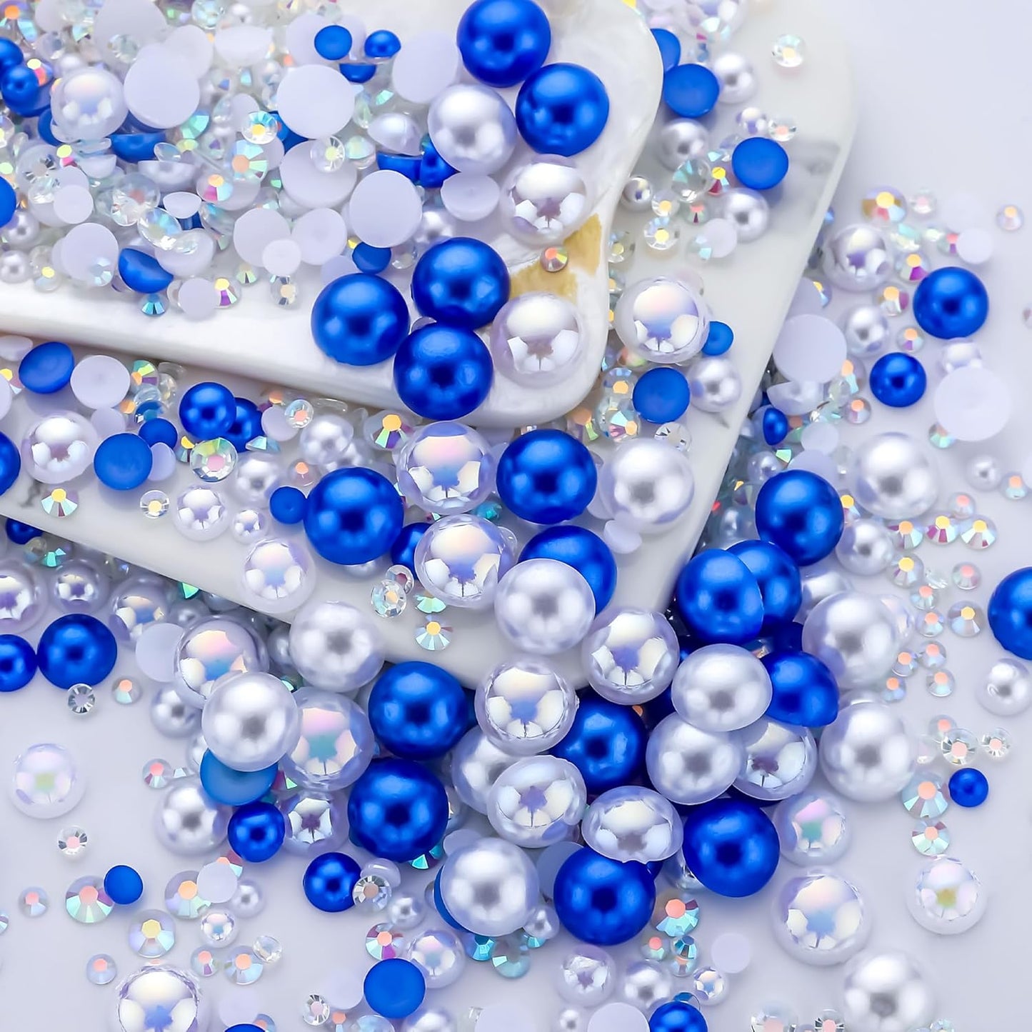 60g Blue White Pearls Rhinestones for Crafts Mixed Size 3mm-10mm AB Color Round Half Pearls Flatback Pearl Beads and Resin Rhinestones Set for Face Art with Gel