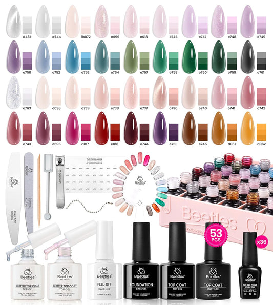 Beetles Jelly Gel Nail Polish Set, 53PCS 36 Colors Jelly Pink Milky White Red Black Blue Green Silver Cat Eye Base Glitter Glossy Matte Top Coat Crystal Ice Collection French Nails Gift for Women