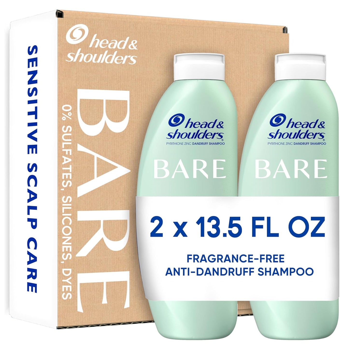 Head & Shoulders BARE Dandruff Shampoo Twin Pack, Fragrance-Free, Sensitive Scalp Care, Sulfate-Free, Silicone-Free, Dye-Free, Eco-Friendly Bottles, Safe for All Hair Types, 13.5 Fl Oz Each (Set of 2)