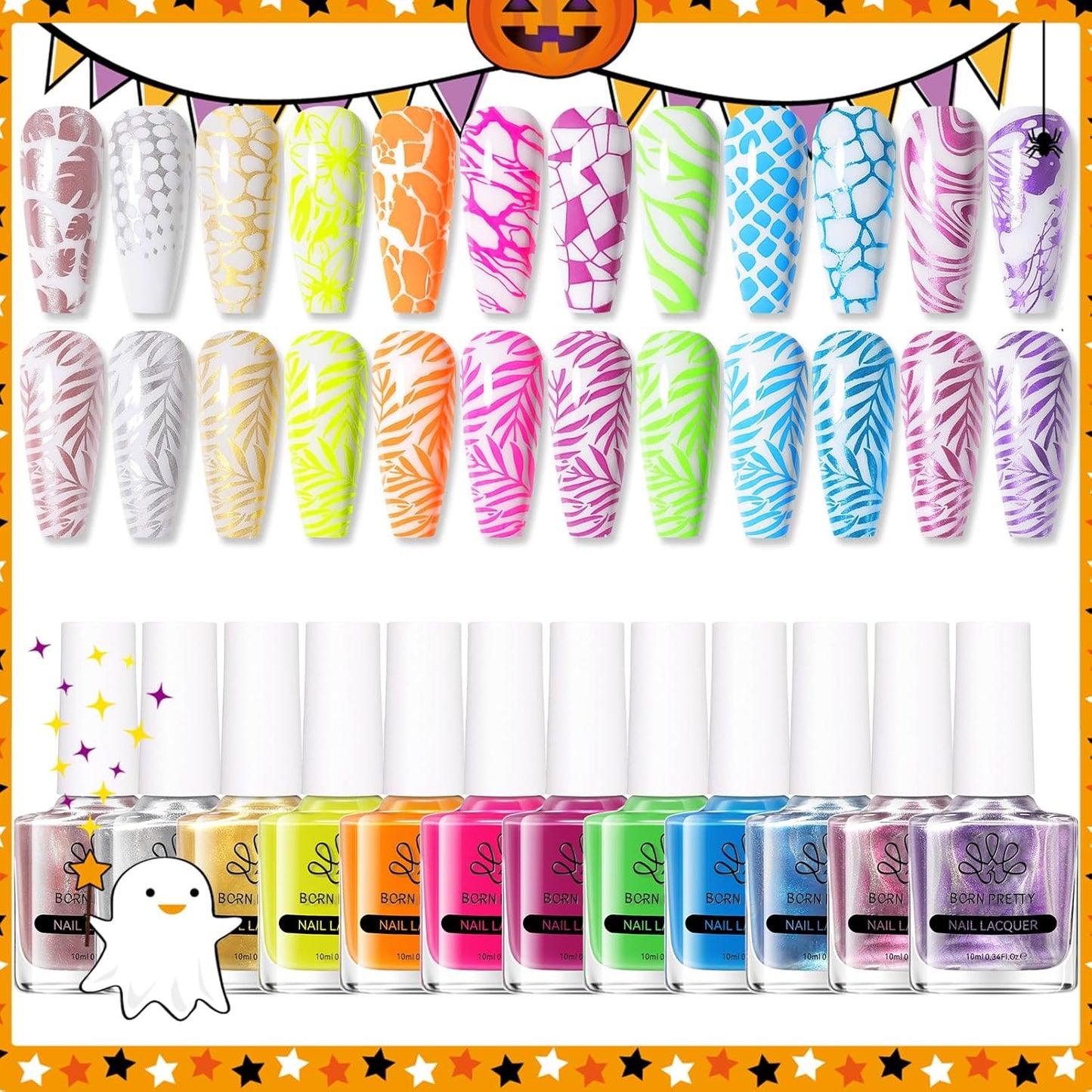 Born Pretty Nail Stamping Polish, 12 Colors Neon Metallic Effect Fingernail Stamp Polish Set Manicure Print Nail Polish for Stamping Plates Bulk Gift Collection 10ml 0.34fl oz Ideal Gifts