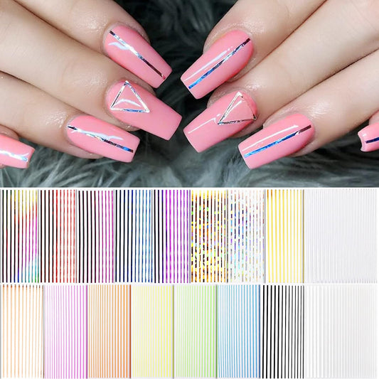 EBANKU 17 Sheets Strip Line Nails Stickers, 3D Fluorescent Laser Gold Adhesive Striping Tape Nail Decals for Women Girls Nail Art Design Deacoration