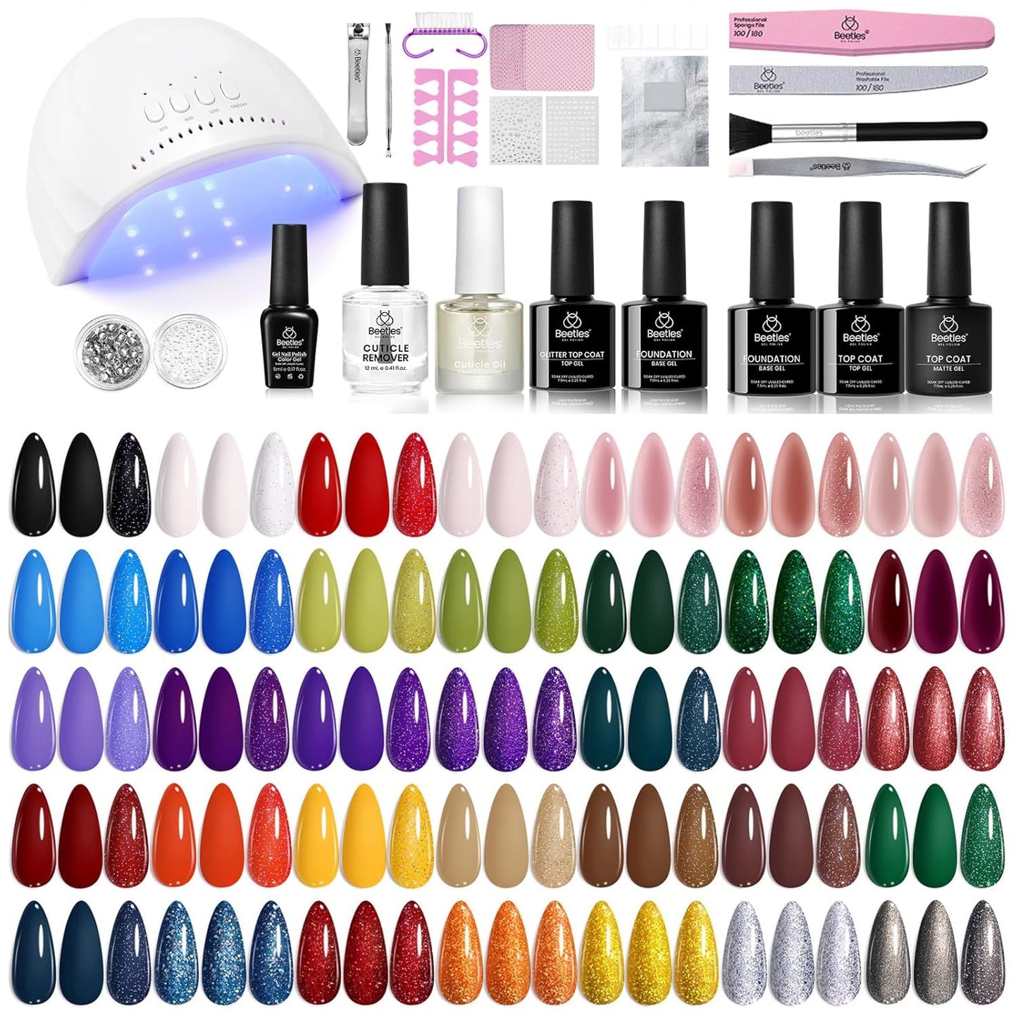 Beetles Gel Nail Polish Kit with U V Light - 68 Pcs Gel Nail Kit 45 Colors Mystic Wonderland Set Soak Off Manicure Tools Nails Stuff Red Green Nude DIY Salon Gifts for Women Teens Girls