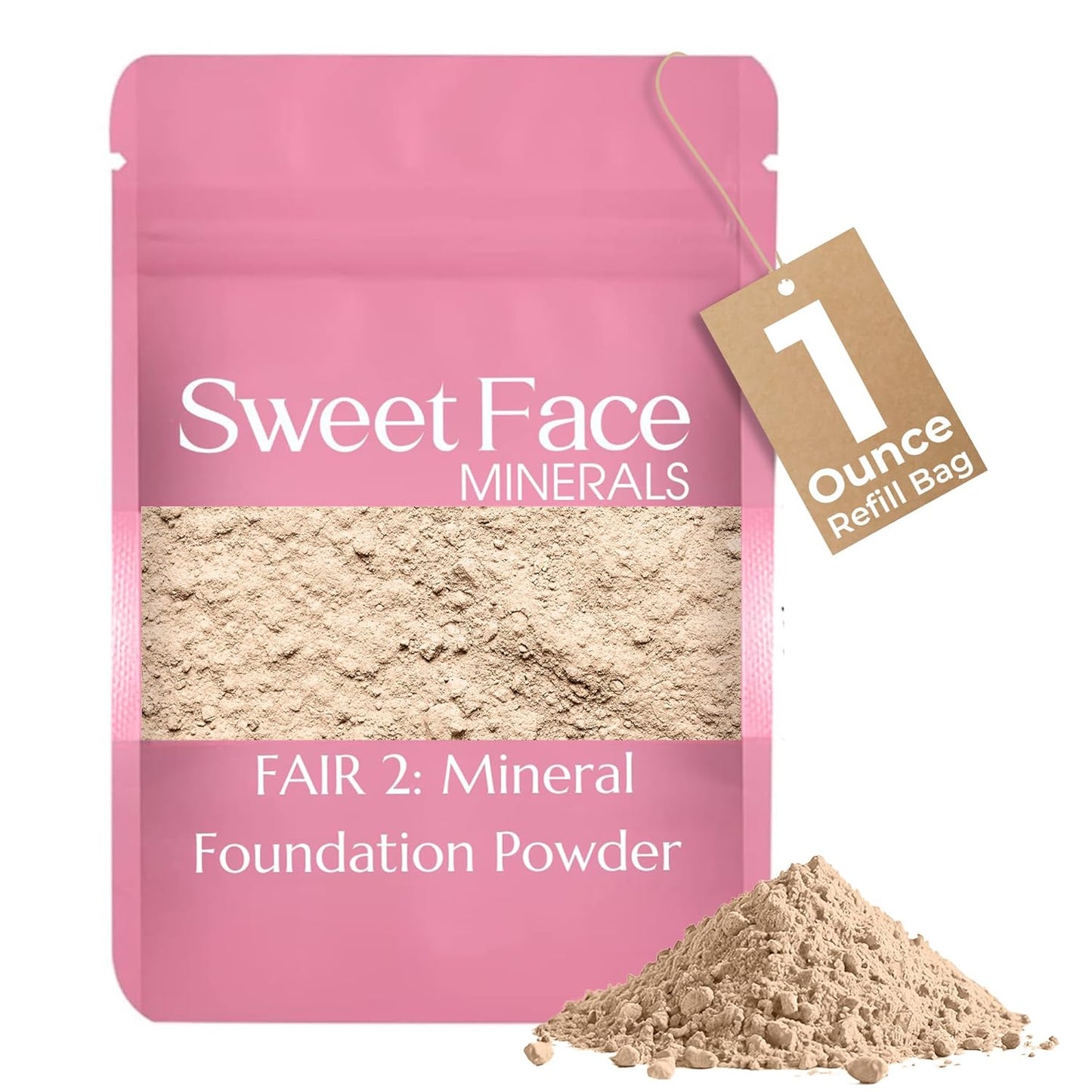 Foundation Refill(Fair Shade 2) (1 Ounce Bag) By Sweet Face Minerals, Lightweight Mineral Loose Makeup Powder with SPF 20, Full Coverage Flawless Finish, Talc-free, Cruelty-Free, Refillable Pouch