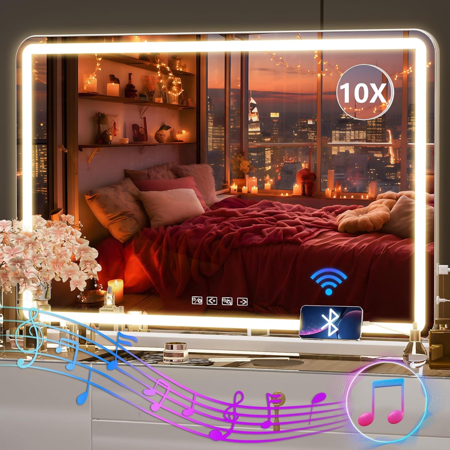 Hasipu Vanity Mirror with Lights and Bluetooth Speaker, 32" x 21.7" LED Makeup Mirror, Lighted Makeup Mirror with Dimmable 3 Modes, USB Charging Port, Round White