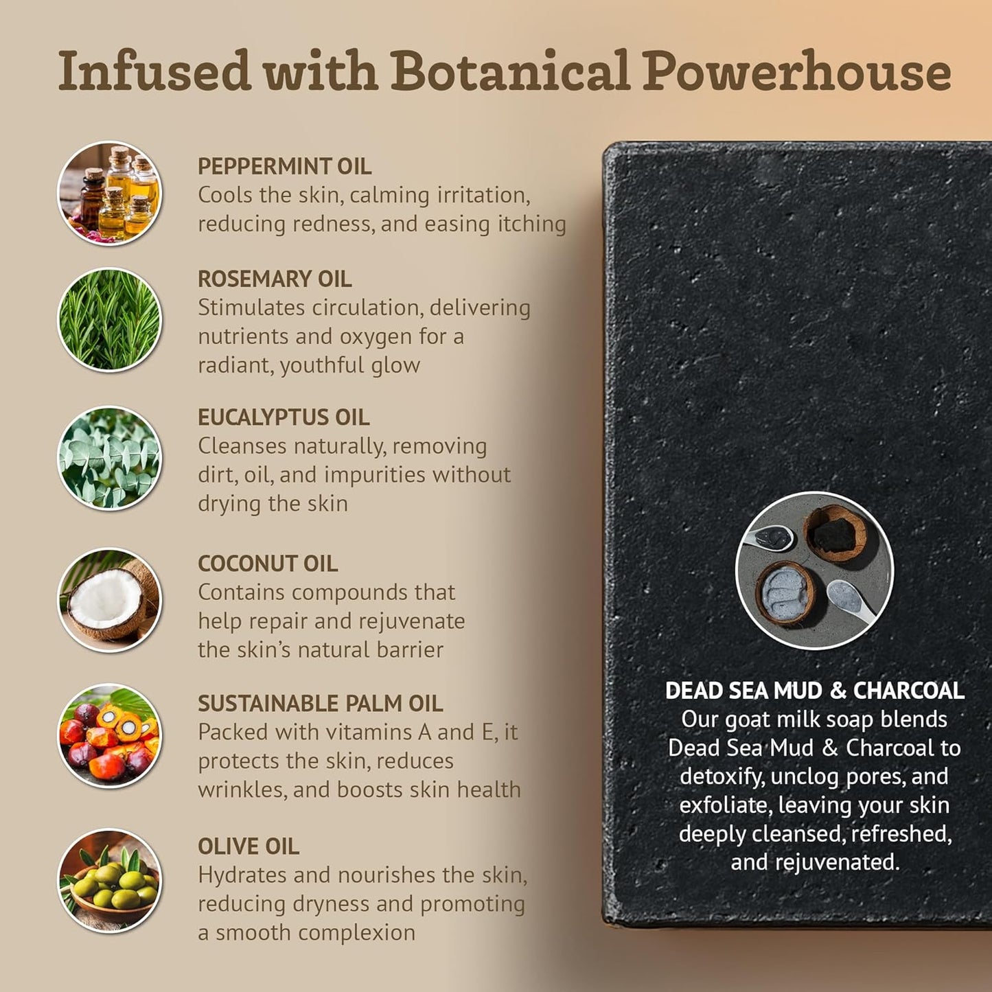 Southern Natural Activated Charcoal Soap Bar (3 Pack) Face and Body Soap For Sensitive Skin With Dead Sea Mud, Goat Milk & Peppermint Essential Oil