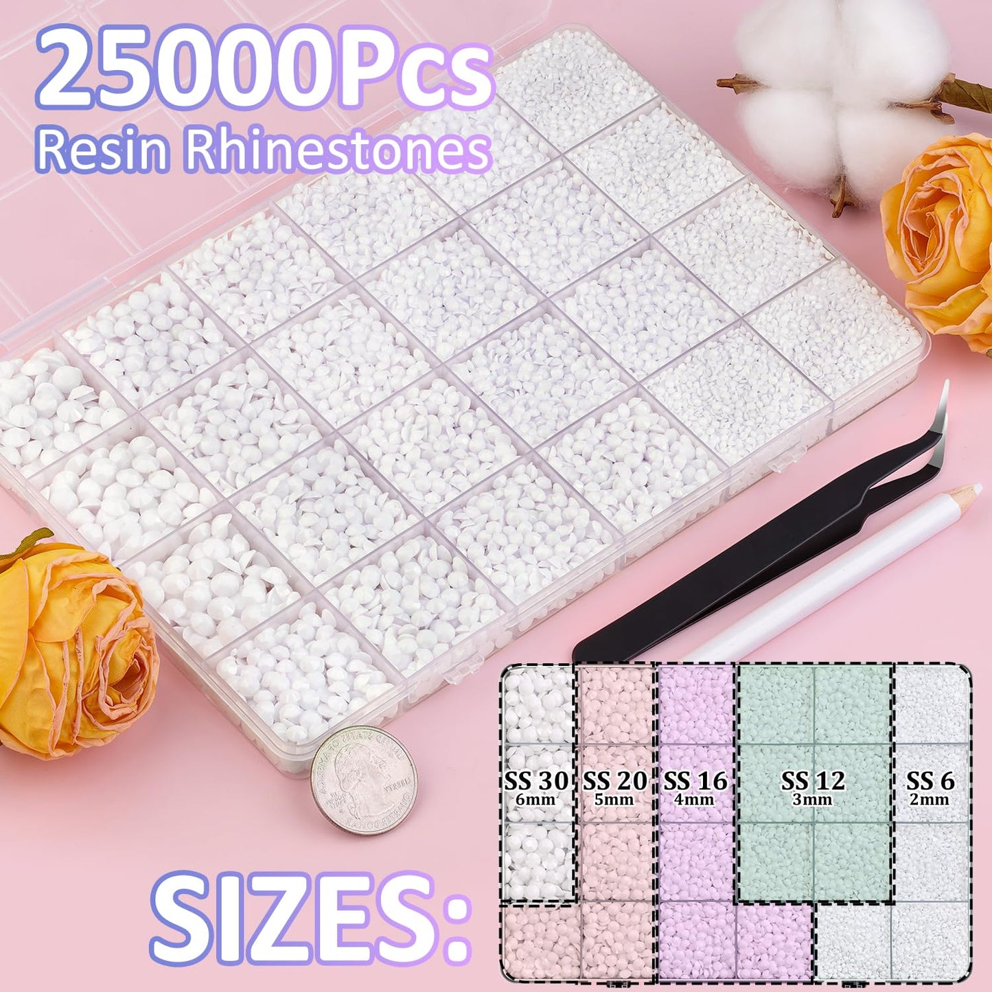 25000Pcs Resin Rhinestones with Tweezers for Crafting, White 2-6mm Mixed Sizes Non Hotfix Flatback Gems, Bedazzling Crystal for DIY Craft Clothing Mugs Tumblers Shoes Fabric Decor Nail Art