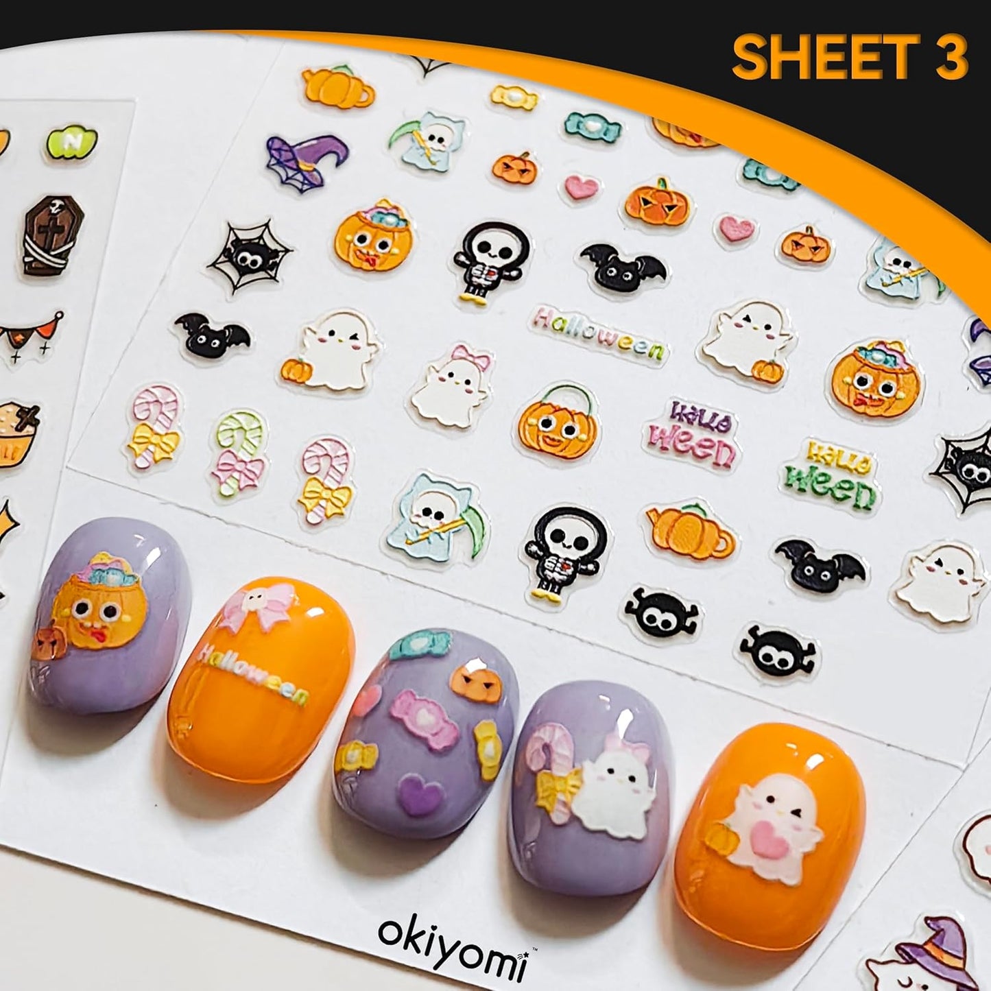 4 Sheets of 3D Halloween Nail Stickers - 316 Cute Nail Decals - Embossed Kawaii Nail Stickers for Kids | Cute Halloween Theme - Ghosts, Pumpkins, Bats, Spiders, Cats, Candy | Glow in The Dark