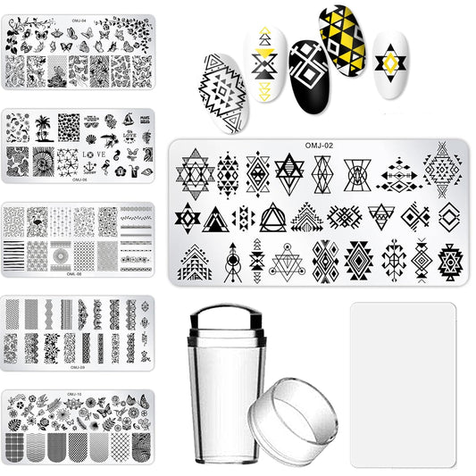 AddFavor Nail Stamper Kit 6pcs Flower Lace Nail Art Stamping Plate Butterfly Leaf Geometry Template with Silicone Nail Stamper and Scraper for Women Girls DIY Fingernail Manicure Stencils Tools
