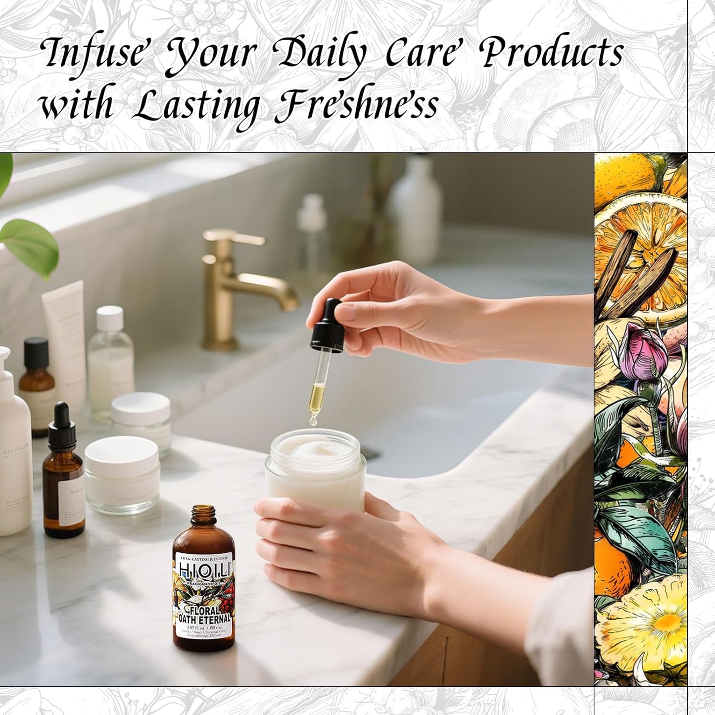 HIQILI Floral Oath Eternal Fragrance Oil, Jasmine & Peach Scents, Perfect for Soap & Candle Making, Essential Oil Diffusers, Skin and Body Scenting - 5.07 Fl Oz