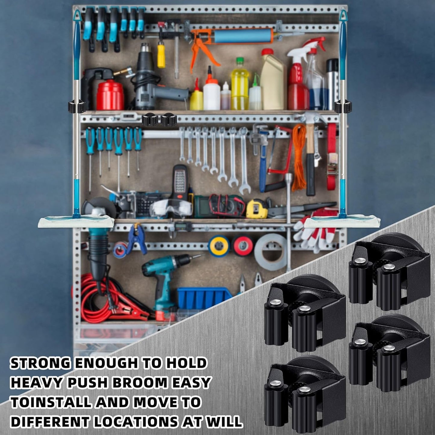 20 Pcs Magnetic Mop Broom Holder Movable Magnetic Broom Holder Rack, Anti Slip Wall Mounted Utility for Cleaning Tools, Garage, Kitchen, Laundry, Garden (Black)