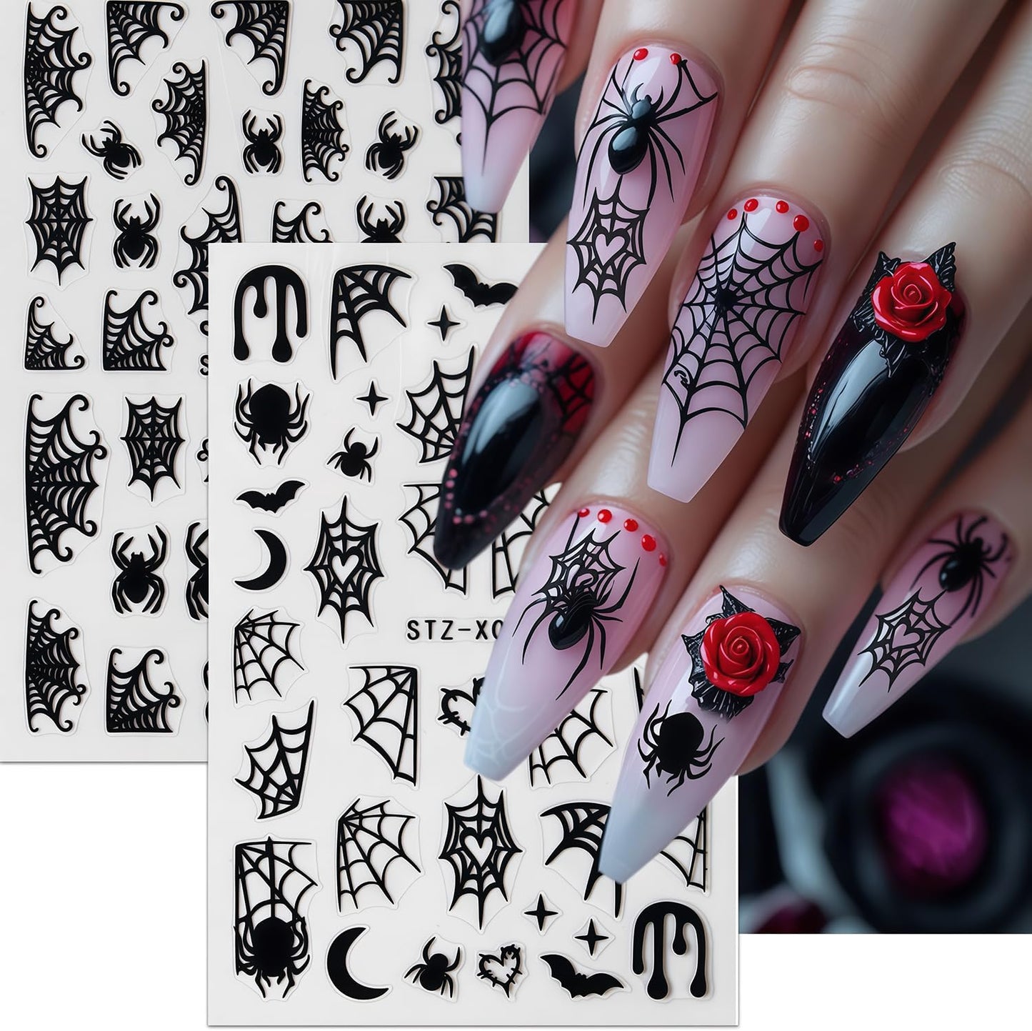 8 Sheets Spider Nail Art Stickers Halloween Nail Decals Black White Spider Web Spiders Design 3D Self-Adhesive Nail Sticker Fall Holiday Acrylic Manicure DIY Nails Decoration Supplies for Women