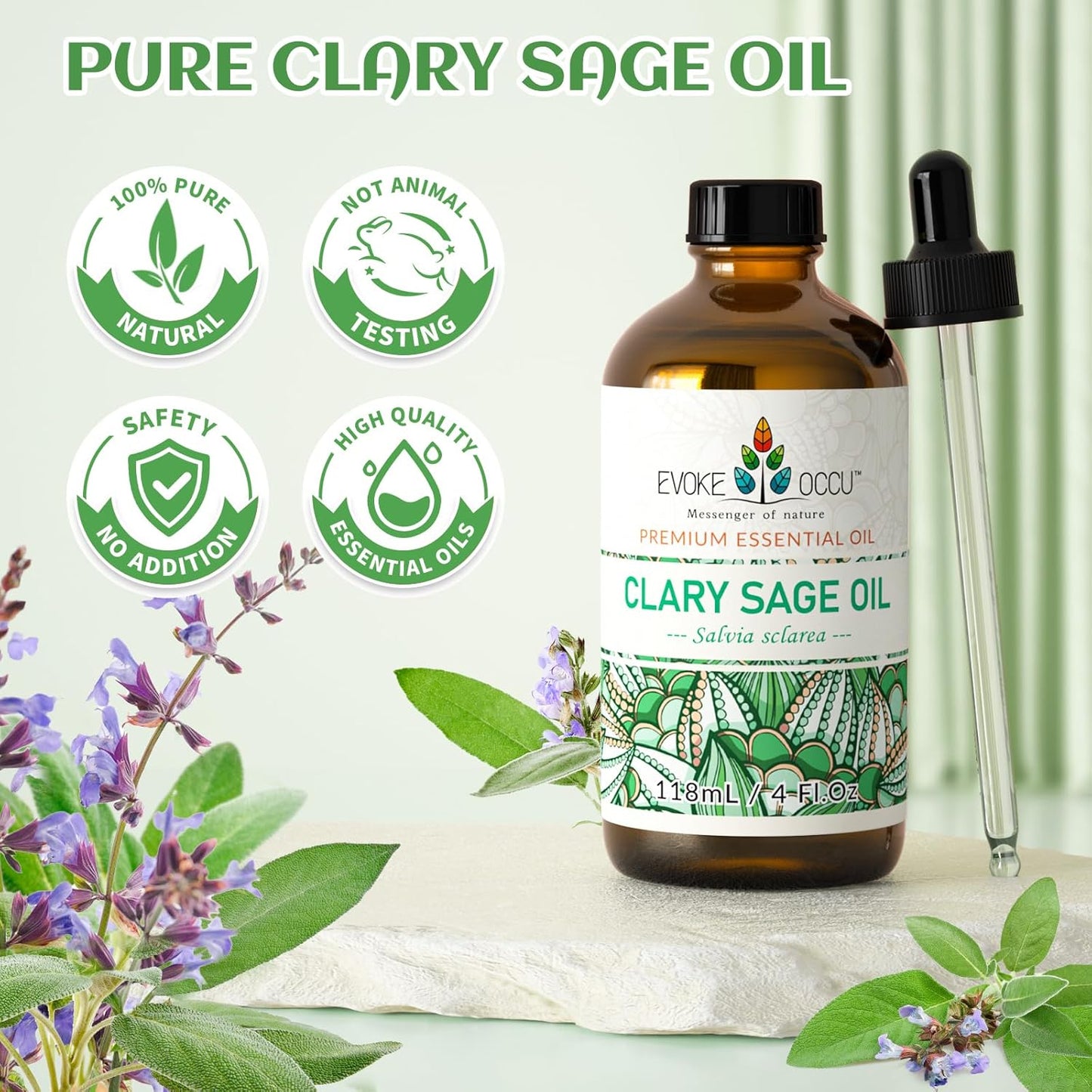 EVOKE OCCU Clary Sage Oil Essential Oil for Anxiety Relief, Moisturize Skin, Air Freshening, Add to Spray and Diffuser - 4 FL Oz