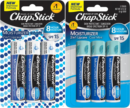 ChapStick Moisturizer 2-in-1 Lipcare 6-Pack (3 Original, 3 Cool Mint) – 8-Hour Lip Balm with Broad Spectrum SPF, Aloe & Vitamin E, 0.15 Ea