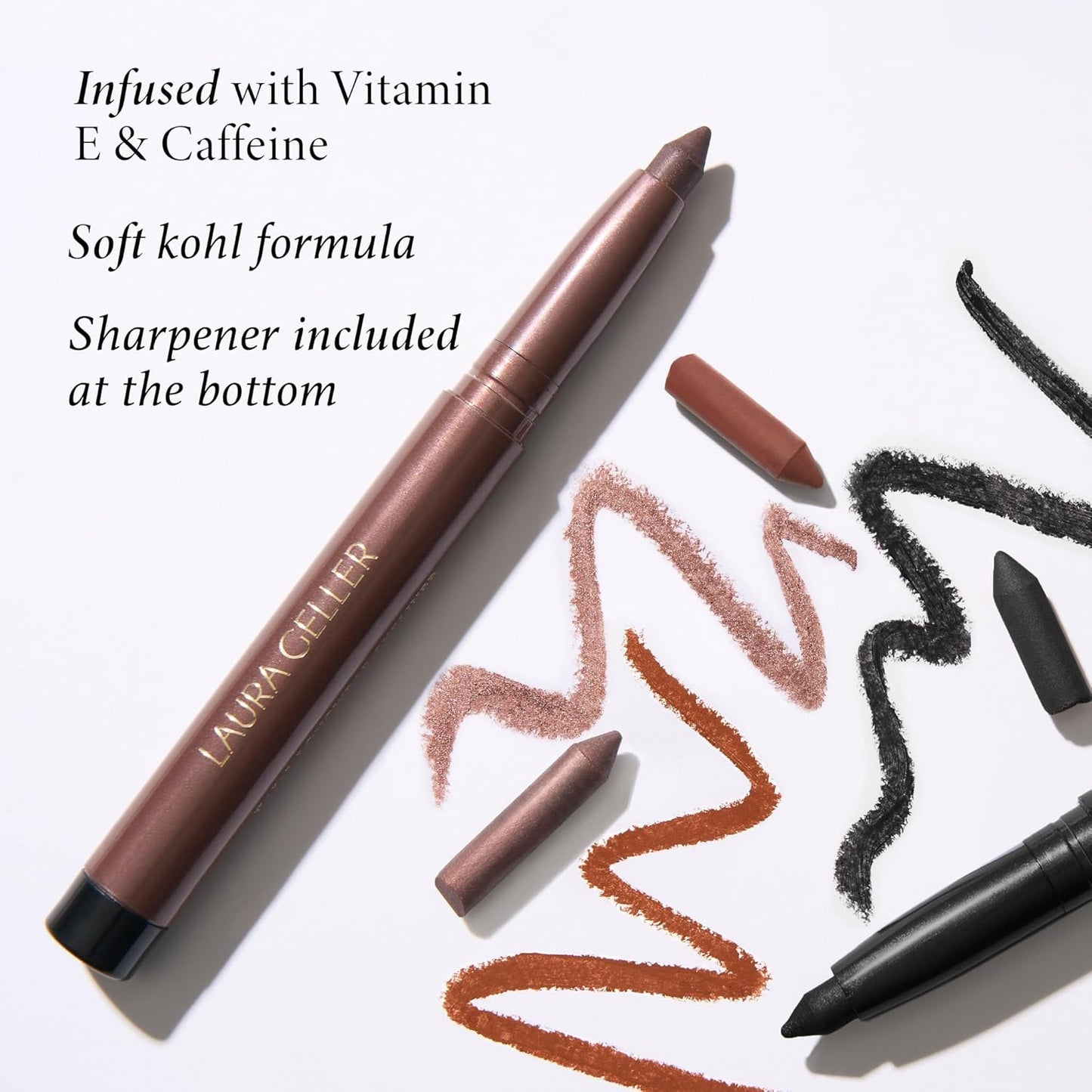 LAURA GELLER NEW YORK Kajal Longwear Kohl Eyeliner Pencil - Rose Gold Kohl - Caffeine and Vitamin E - Smooth & Blendable Liner - Built-In Sharpener
