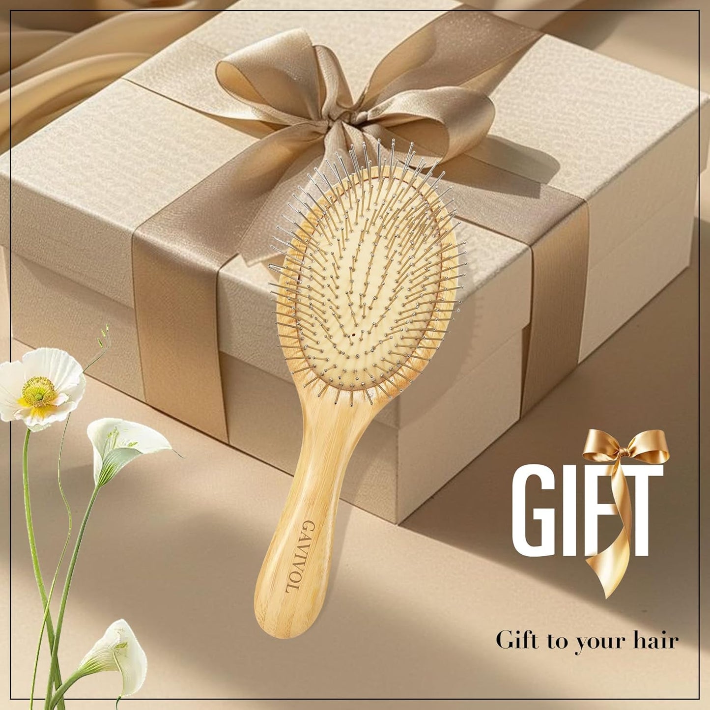 Bamboo Paddle Hairbrush with Steel Bristles for Anti-Static Detangling & Scalp Massage – Wooden Handle Brush for Hair Growth, All Hair Types
