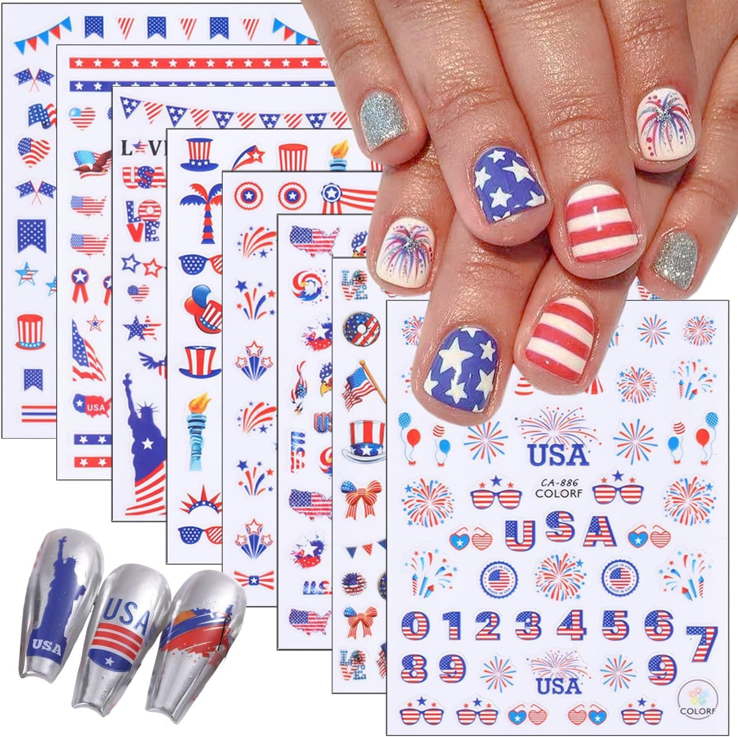 8Pcs Multicolor USA Flag Patriotic Nail Stickers, Self-Adhesive, Paper, Rectangular, 2x3 Inches, Single Use, Outdoor, Nail Art