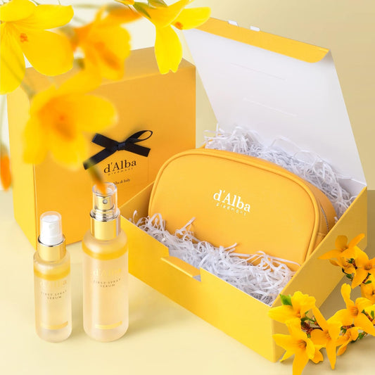 d'Alba Travel Essencial Gift Set, White Truffle First Spray Serum Full Size & Travel Size with Yellow Pouch, Korean Skin Care