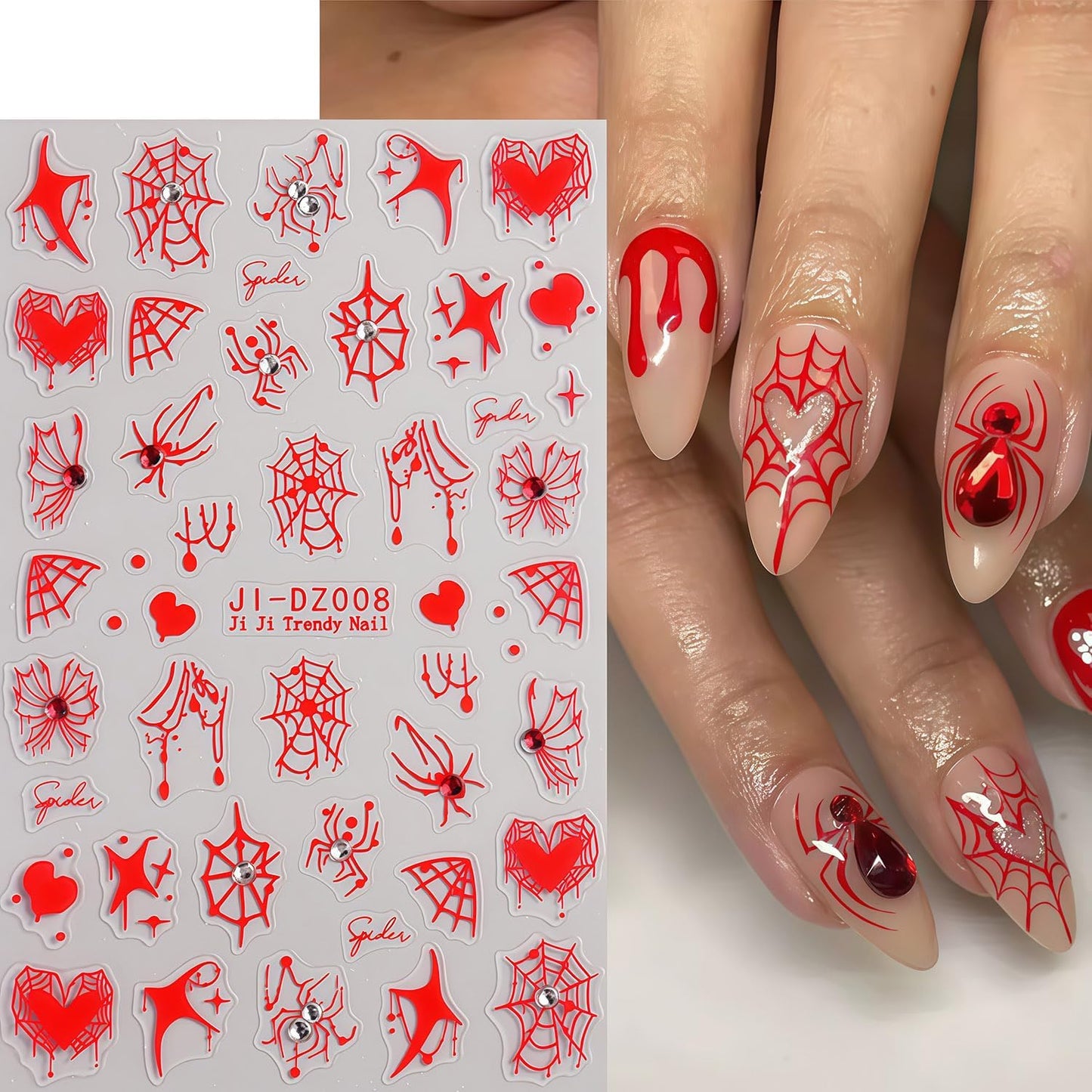 Halloween Spider Web Nail Stickers 3D Self-Adhesive Rhinestone Spider Butterfly Nail Decals Red Blue White Heart Spider Web Pattern Design Nail Sticker for Women Halloween Holiday DIY Manicure