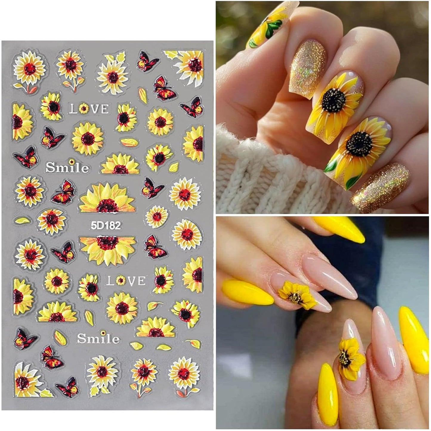 4 Sheets 5D Flower Nail Art Stickers Embossed Nail Decals Autumn Nails Art Design 3D Self-Adhesive Sunflowers Yellow Flower Nails Stickers for Women DIY Decoration