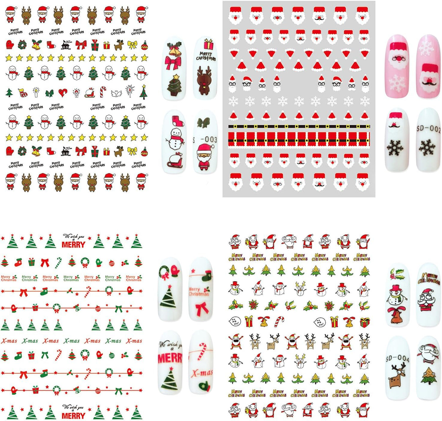 HNUIX Nail Stickers - 3D Christmas, Self Adhesive Nail Decals, Multi Colour, Snowman, Deer, Bells, 10 Sheets, for Nail Art