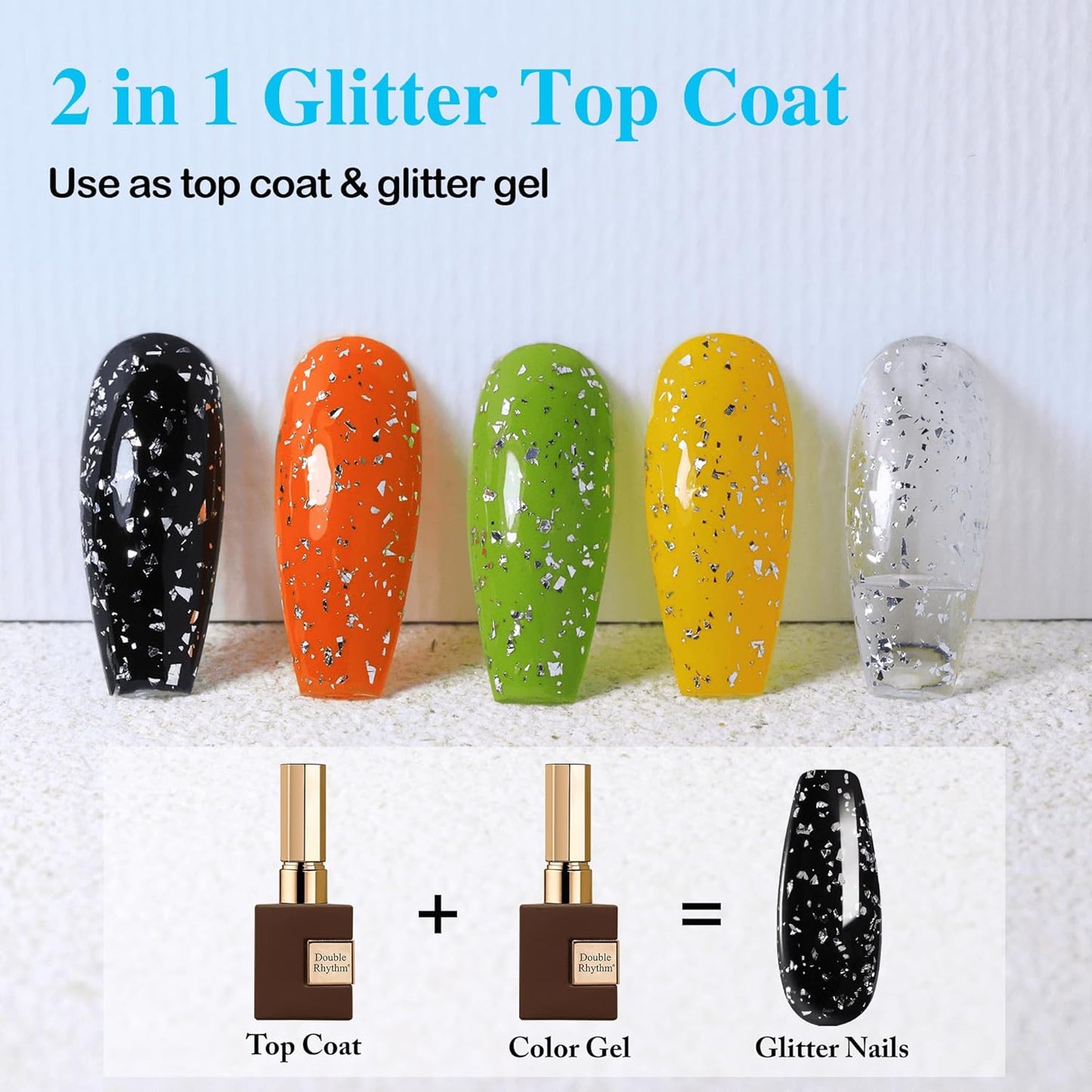 Double Rhythm 15ML No Wipe Gel Top Coat Base Coat Iridescent Glitter Shimmer 2 in 1 Nail Polish Soak Off Manicure DIY Home Salon (Silver Top Coat)