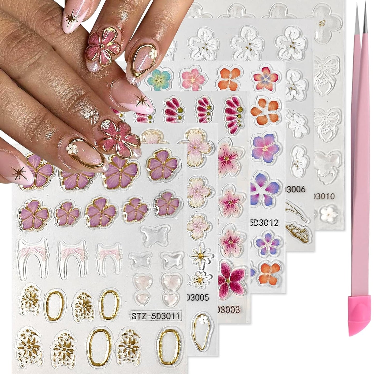 Flower Nail Art Stickers 5D Embossed Nail Decals Spring Summer Colorful Flower Nails Design Self-Adhesive 3D Accessories for Women Nails DIY Decoration(6 Sheets)