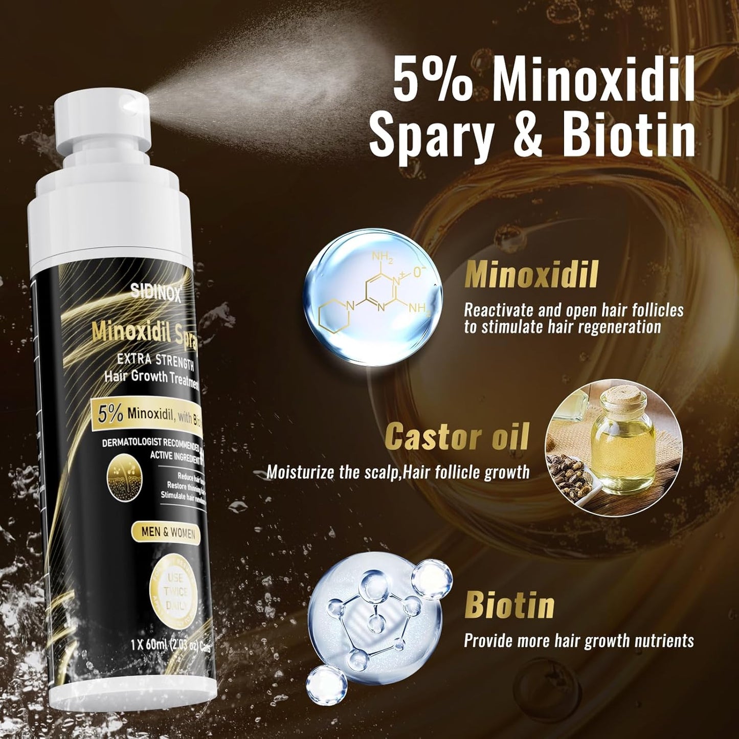 5% Minoxidil Spray for Men & Women (4 Month Supply)-Extra Strength Hair Growth Spray with Biotin & Castor Oil,Clinically Proven for Thinning Hair & Beard Regrowth, Non-Greasy Formula 4 pack（8.12 oz)