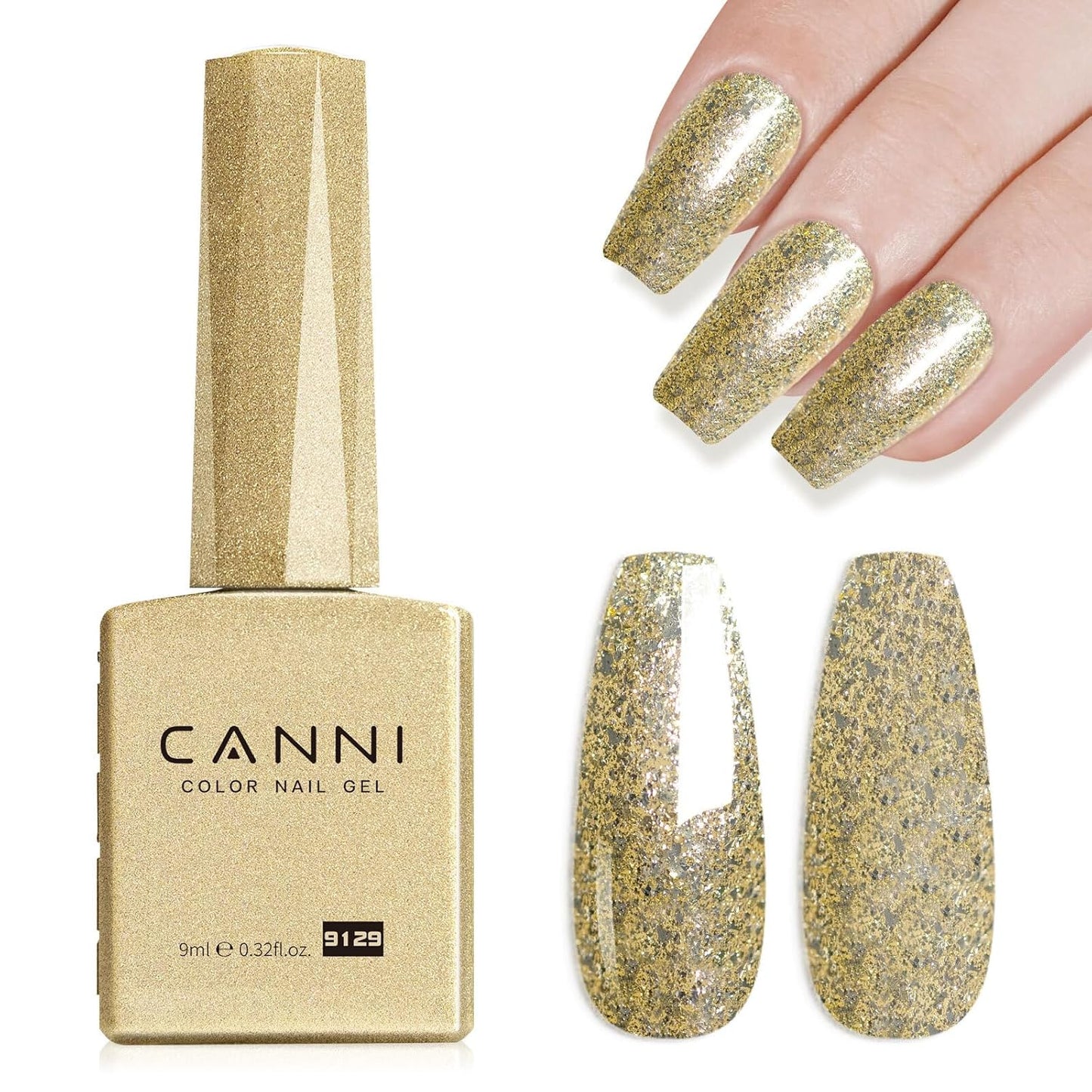 CANNI Gold Glitter Gel Polish – 9ML Chunky Sparkly Soak-Off UV/LED Nail Gel, Golden Flakes Finish for DIY Manicure, French Tips, or Salon Use